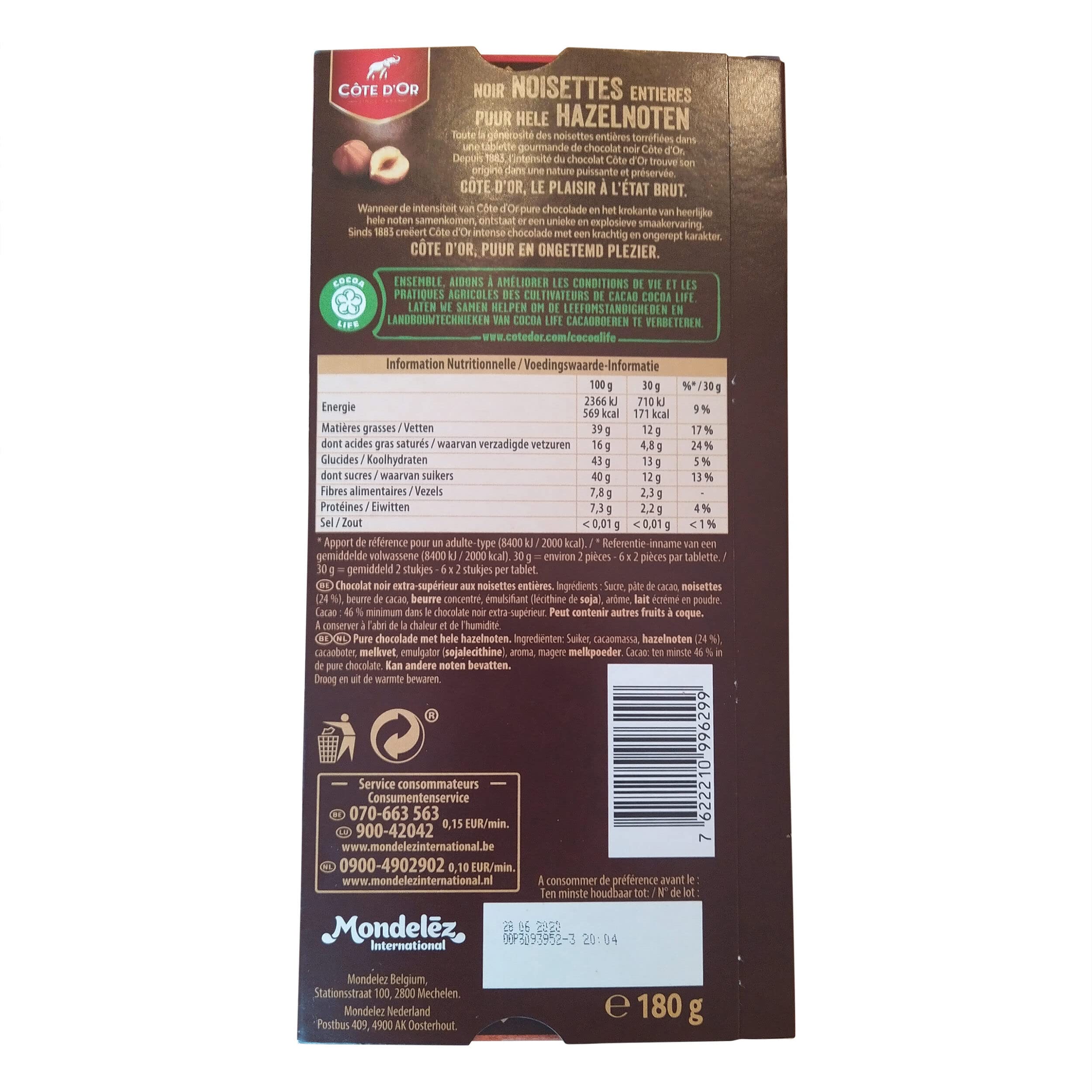 Premium Cote d'Or Dark Chocolate with Hazelnuts - 6.34oz Belgian Chocolate Bar | Rich & Creamy Belgian Dark Chocolate | Perfect for Gifts, Desserts & Gourmet Snacking