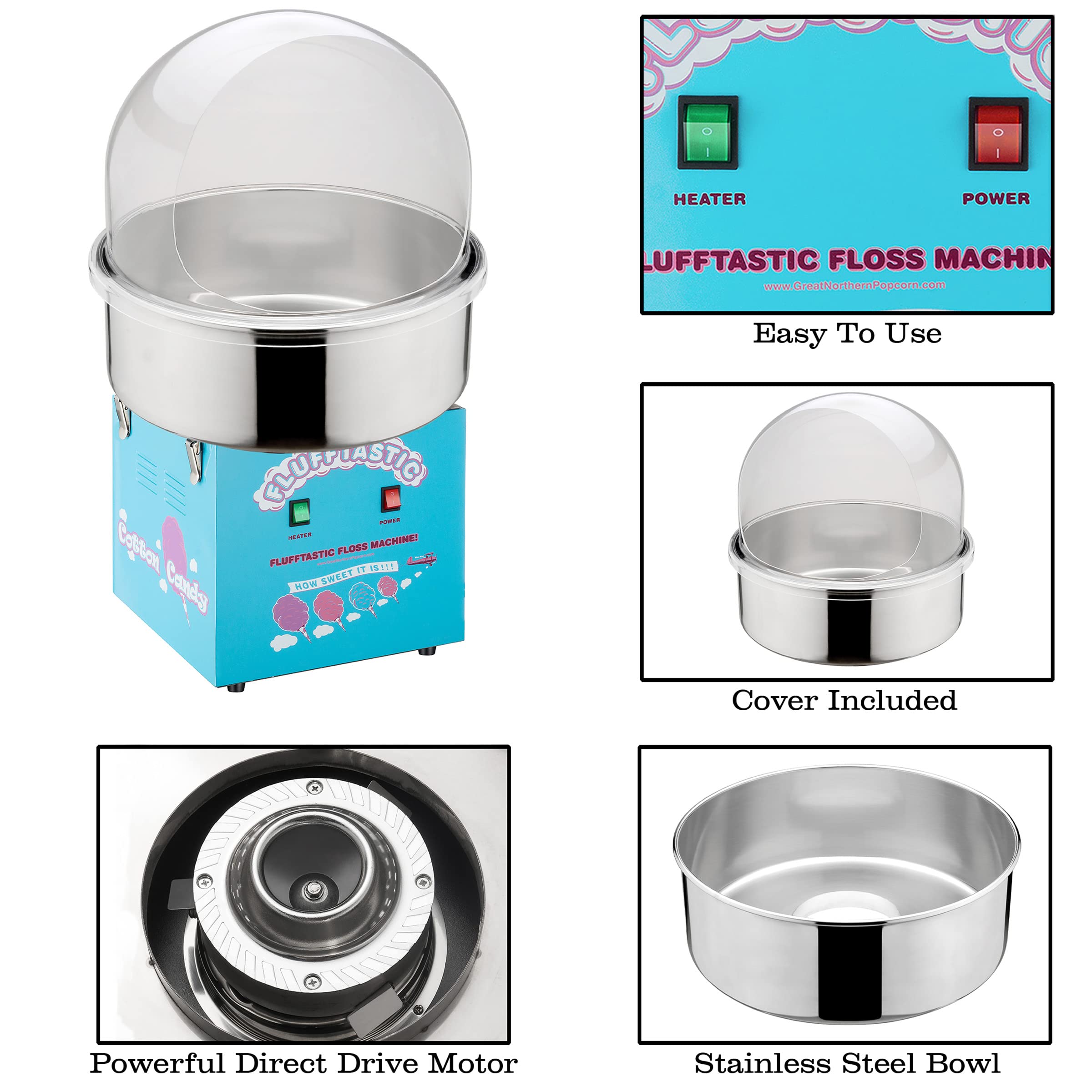 Flufftastic 1000W Cotton Candy Machine with Dome Shield & Stainless Steel Pan - Electric Candy Floss Maker for Parties, Carnivals & Home Use - Great Northern Popcorn Commercial Grade Cotton Candy Maker (Blue)