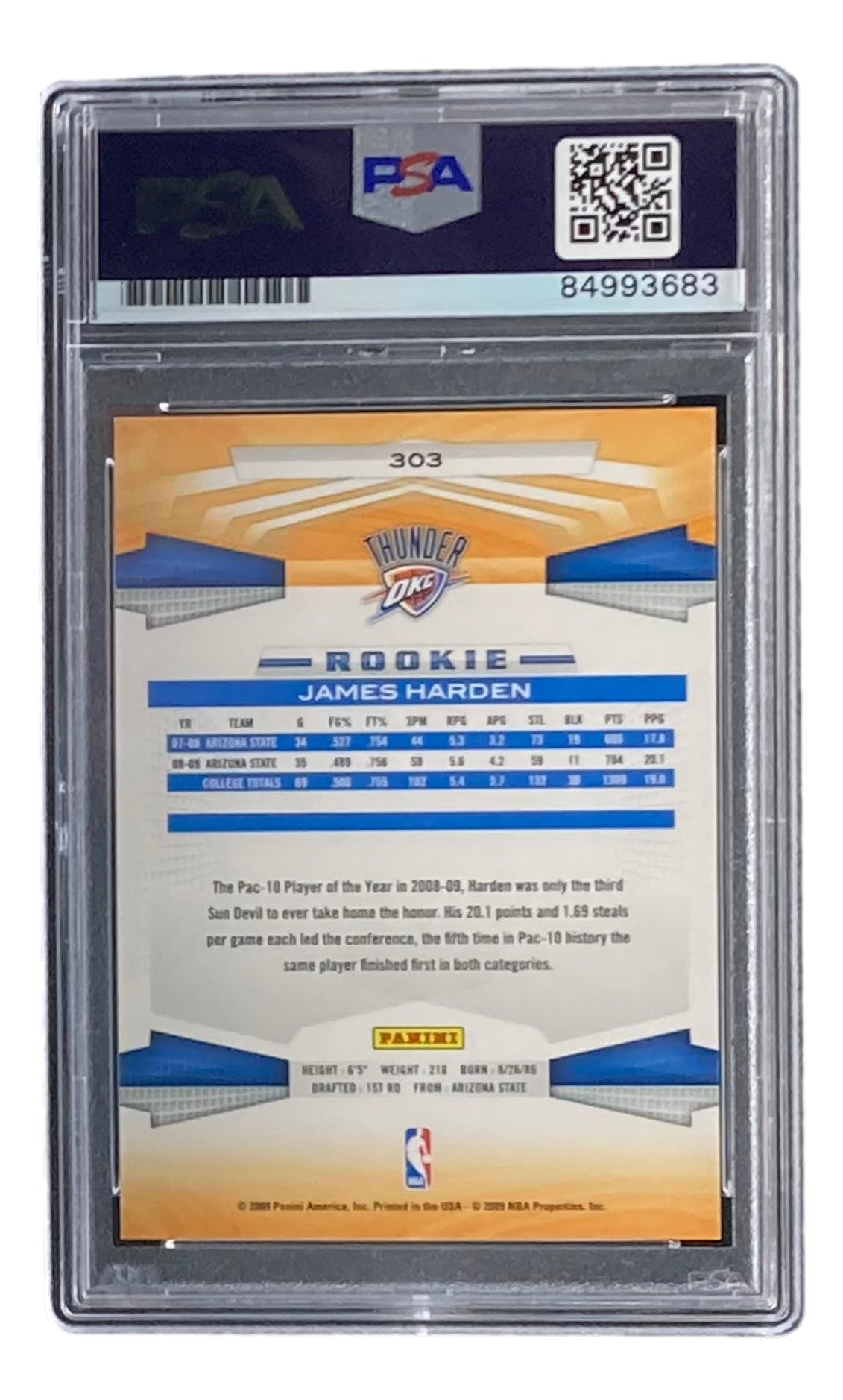 James Harden Autographed 2009 Panini #303 Rookie Card PSA/DNA Gem Mint 10 - Perfect for NBA Memorabilia Collections, Sports Fan Gifts & Investment Pieces