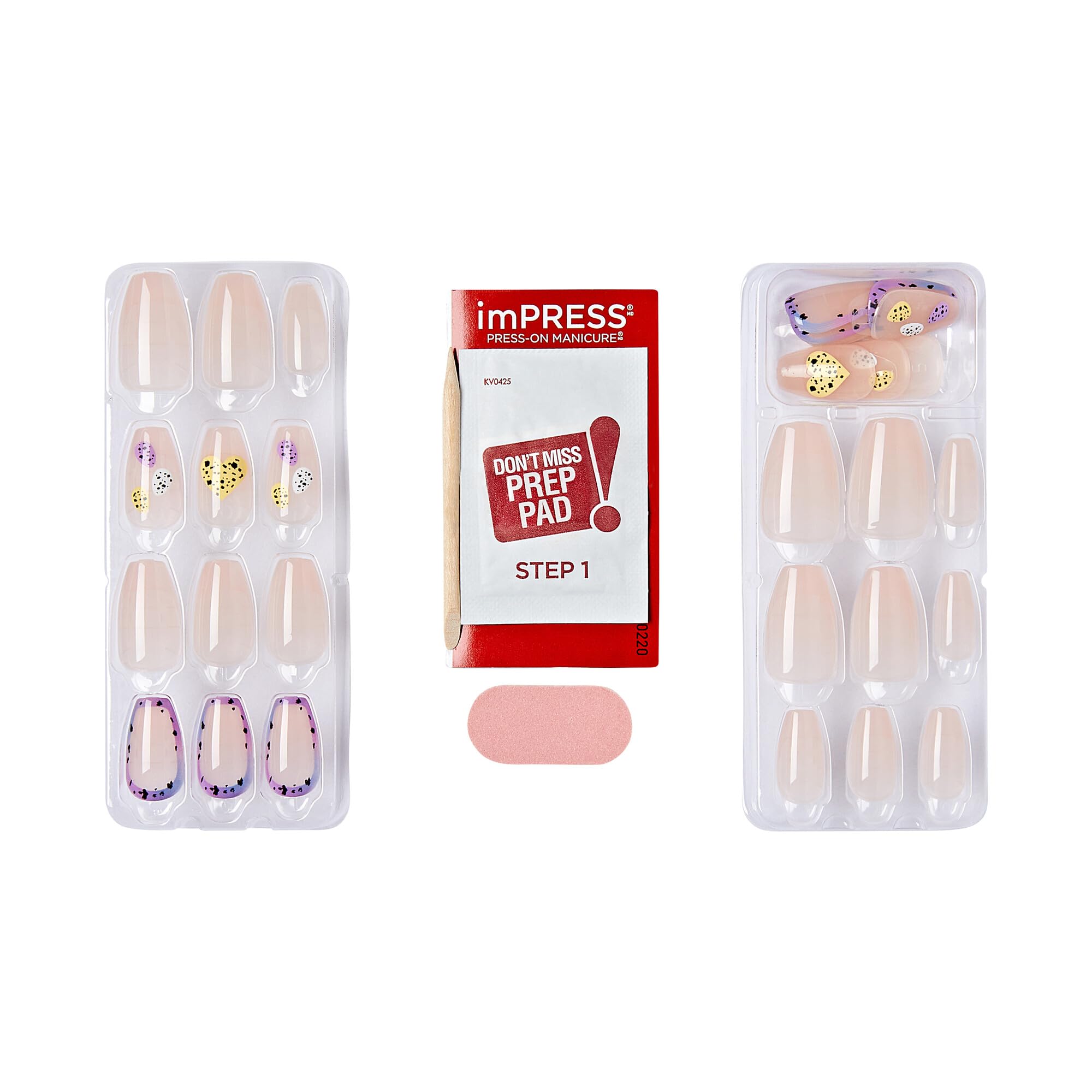 KISS imPRESS No Glue Press On Nails 30 Pcs - Light Neutral Heart Design, Medium Coffin Shape | Easy Peel & Press Application, Hassle-Free Removal | Perfect for Weddings, Parties & Everyday Wear