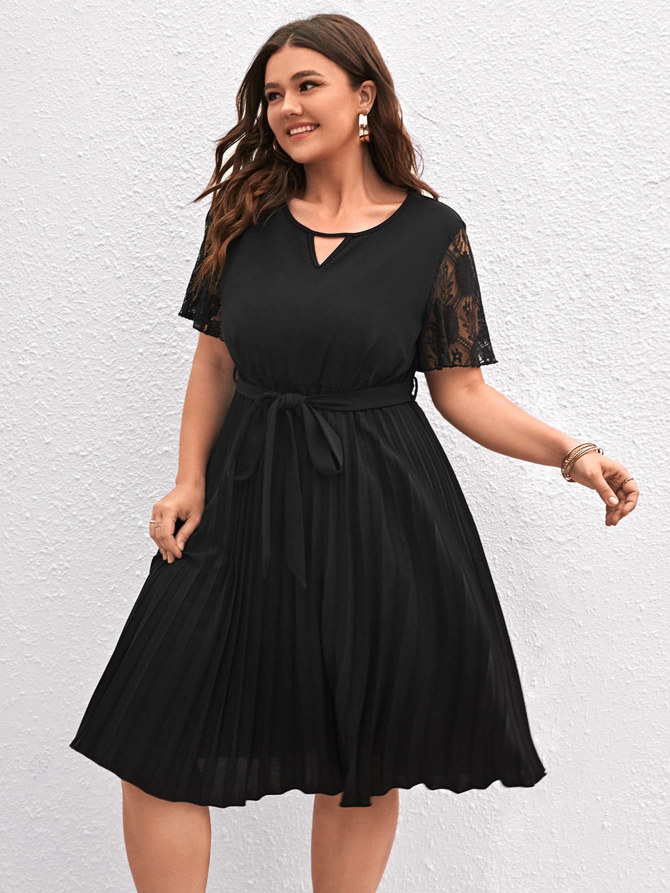 INOUJEKER Women's Plus Size Contrast Lace Belted Pleated Dress - Black XXL | Elegant Formal & Party Wear for Curvy Women