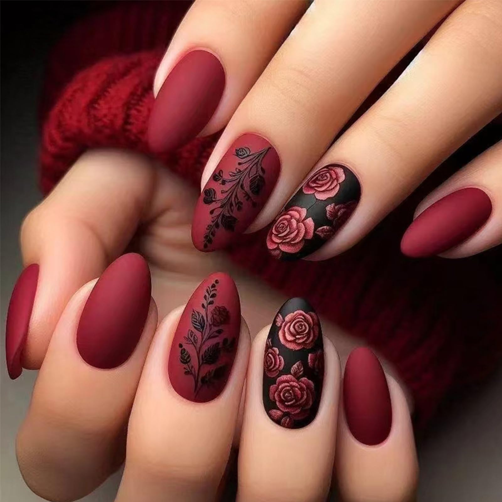 Black Rose Press on Nails - 24Pcs Short Almond Fake Nails with Romantic Pink Flower Designs, Matte Acrylic Full Cover Stick on Nails for Women | Valentine's Day Gift, Date Night, Bridal Shower, Special Occasions
