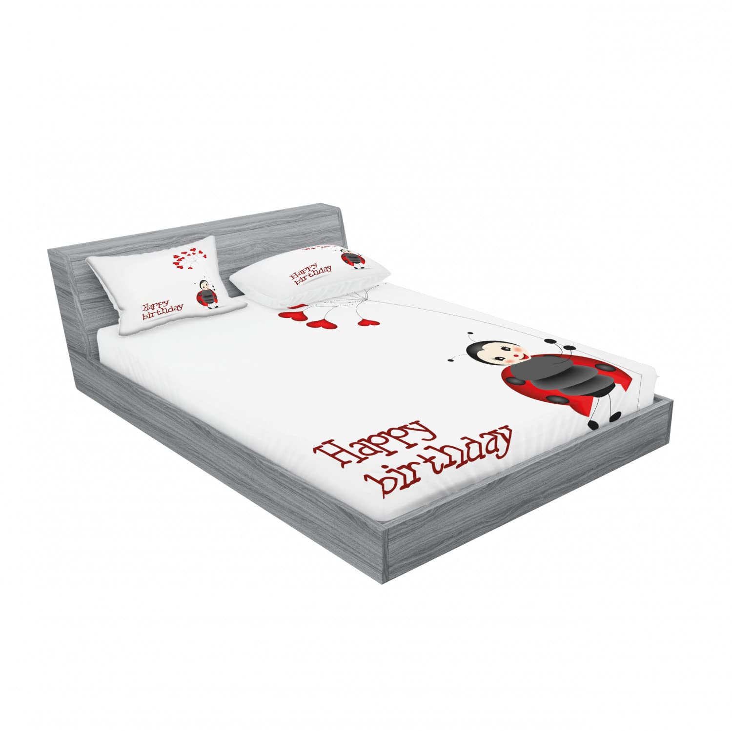 Ambesonne 2-Piece Queen Fitted Sheet & 4-Piece Pillow Sham Set - Ladybug Birthday Party Bedding Decor in White, Black & Red | Perfect for Kids' Rooms, Themed Parties & Holiday Decorations
