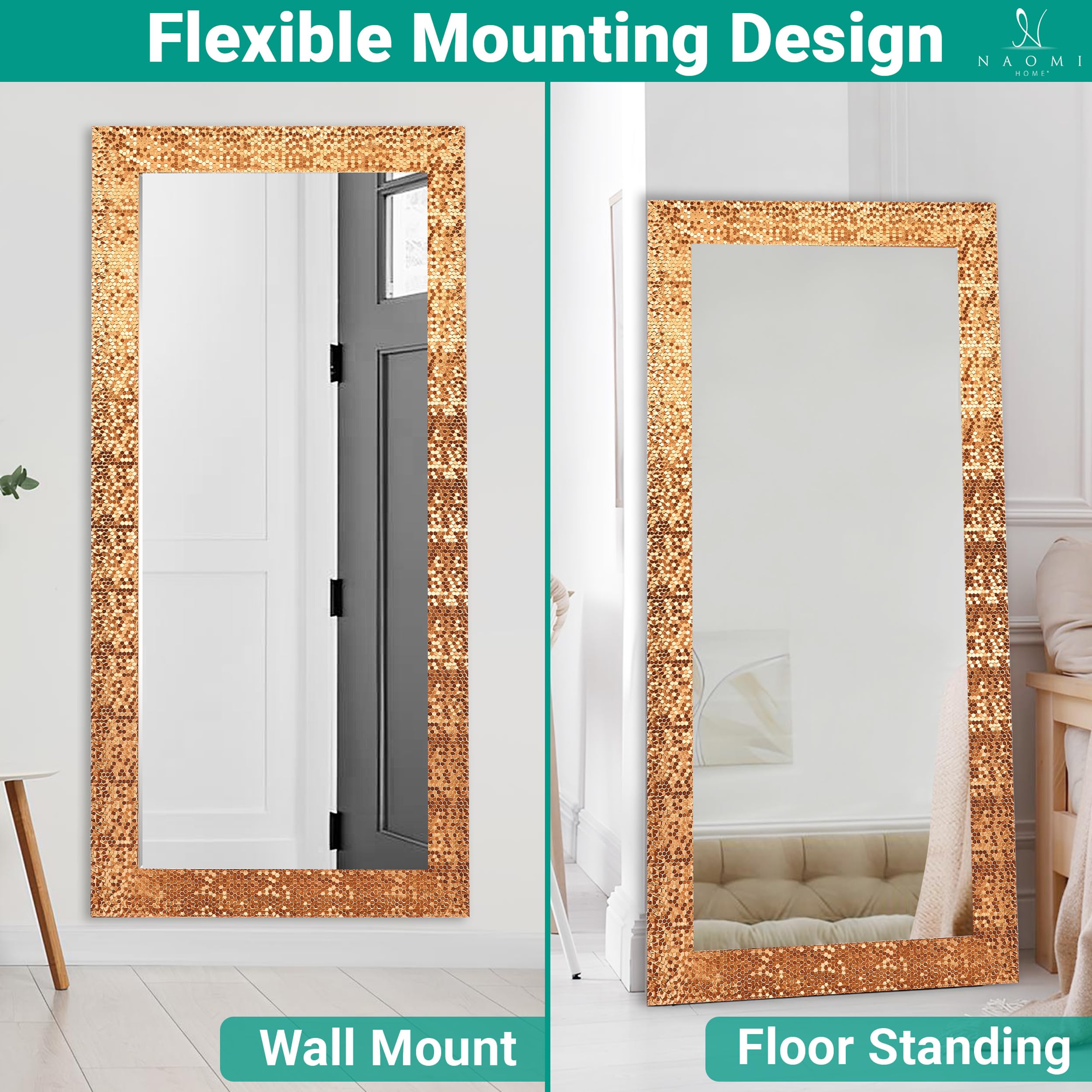 Naomi Home Mosaic Style Full Length Mirror - Elegant Copper Wall & Floor Mirror for Bedroom, Living Room, or Dressing Room Decor