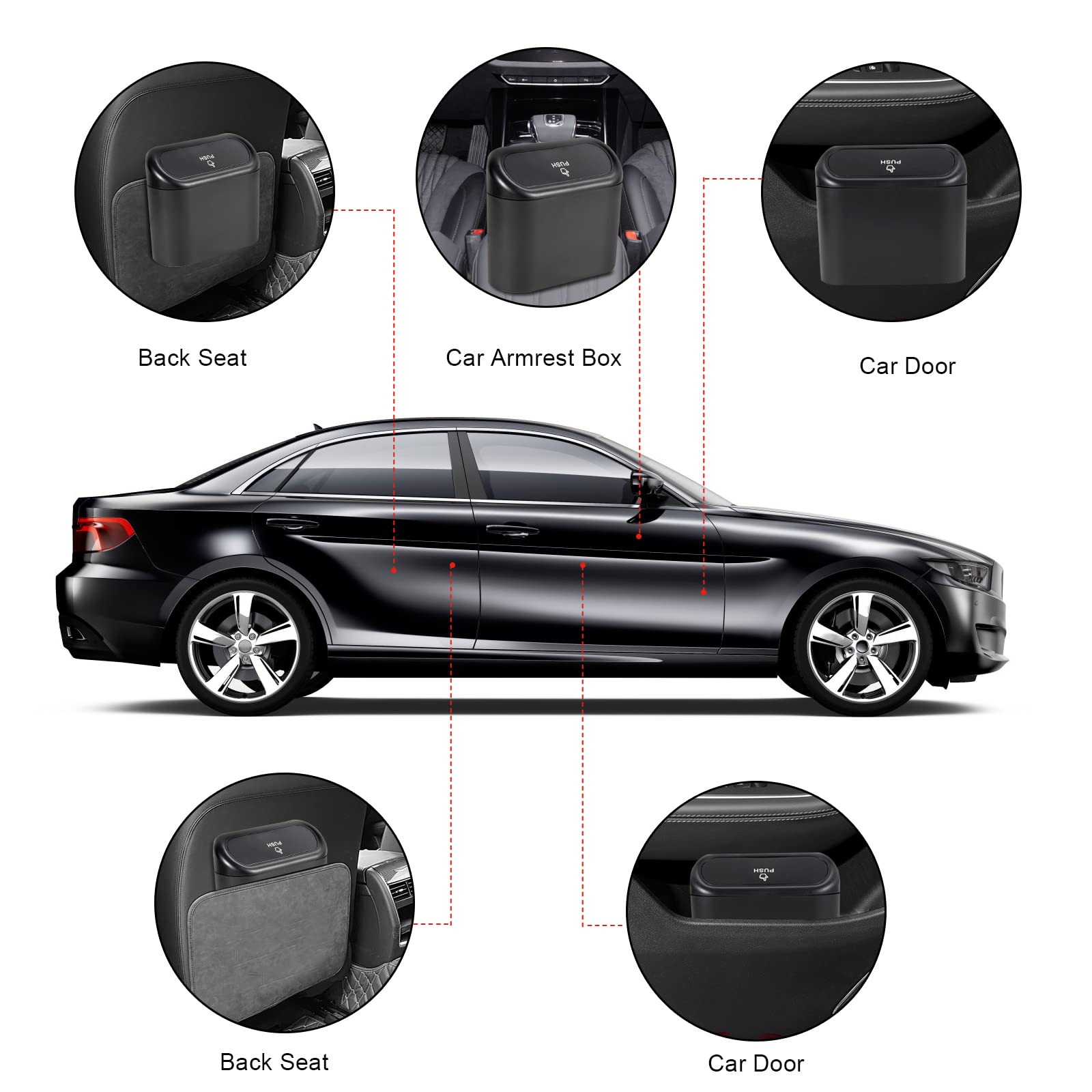 2 Pack Mini Car Trash Can with Lid & 150 Trash Bags - Leakproof Auto Garbage Bin for Front/Back Seat - Perfect for Road Trips, Commuting & Car Organization Accessories