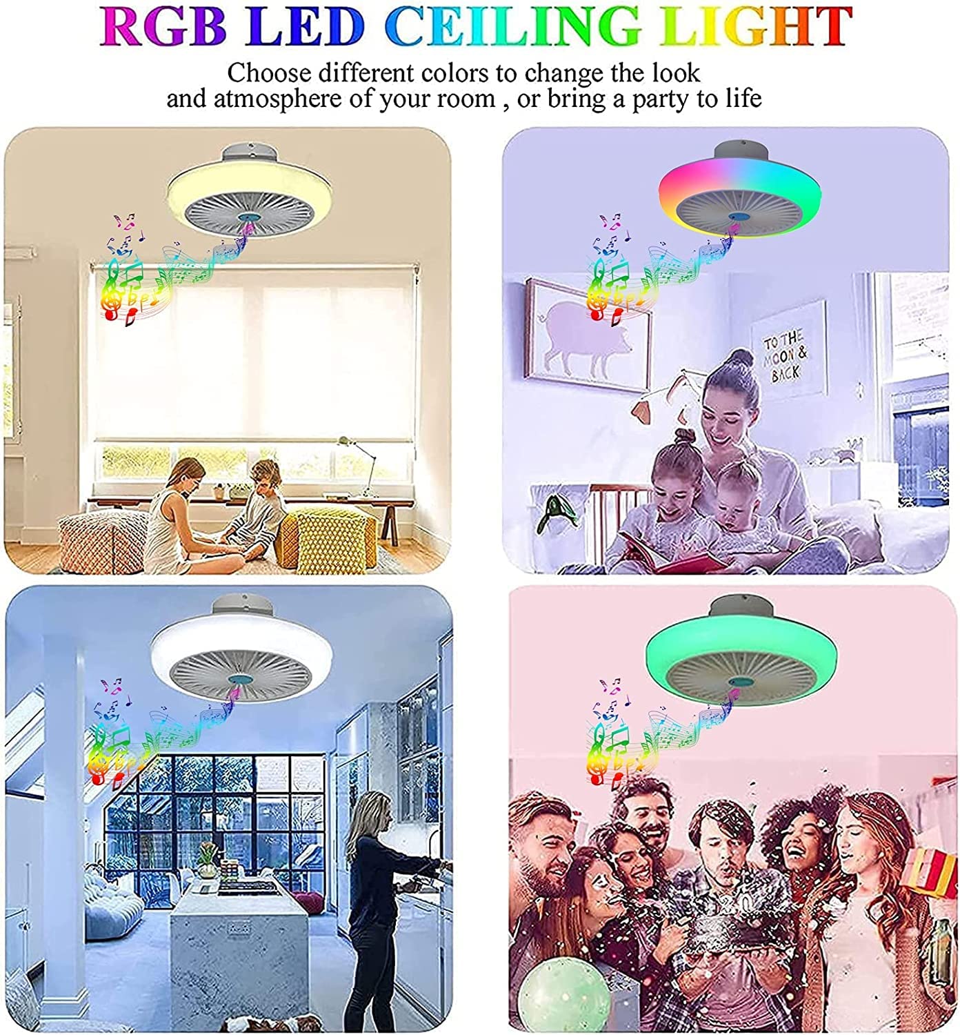 Smart RGB Dimmable LED Ceiling Fan with Bluetooth Speaker & Remote Control - 17.7