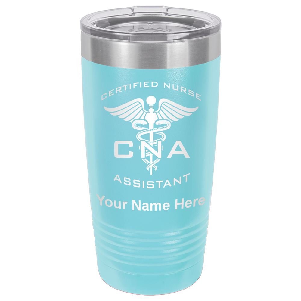 LaserGram 20oz Vacuum Insulated Stainless Steel Tumbler Mug - CNA Certified Nurse Assistant Gift with Free Personalized Engraving - Light Blue - Keeps Drinks Hot/Cold for Hours - Perfect for Nurses, Healthcare Workers & Office Use