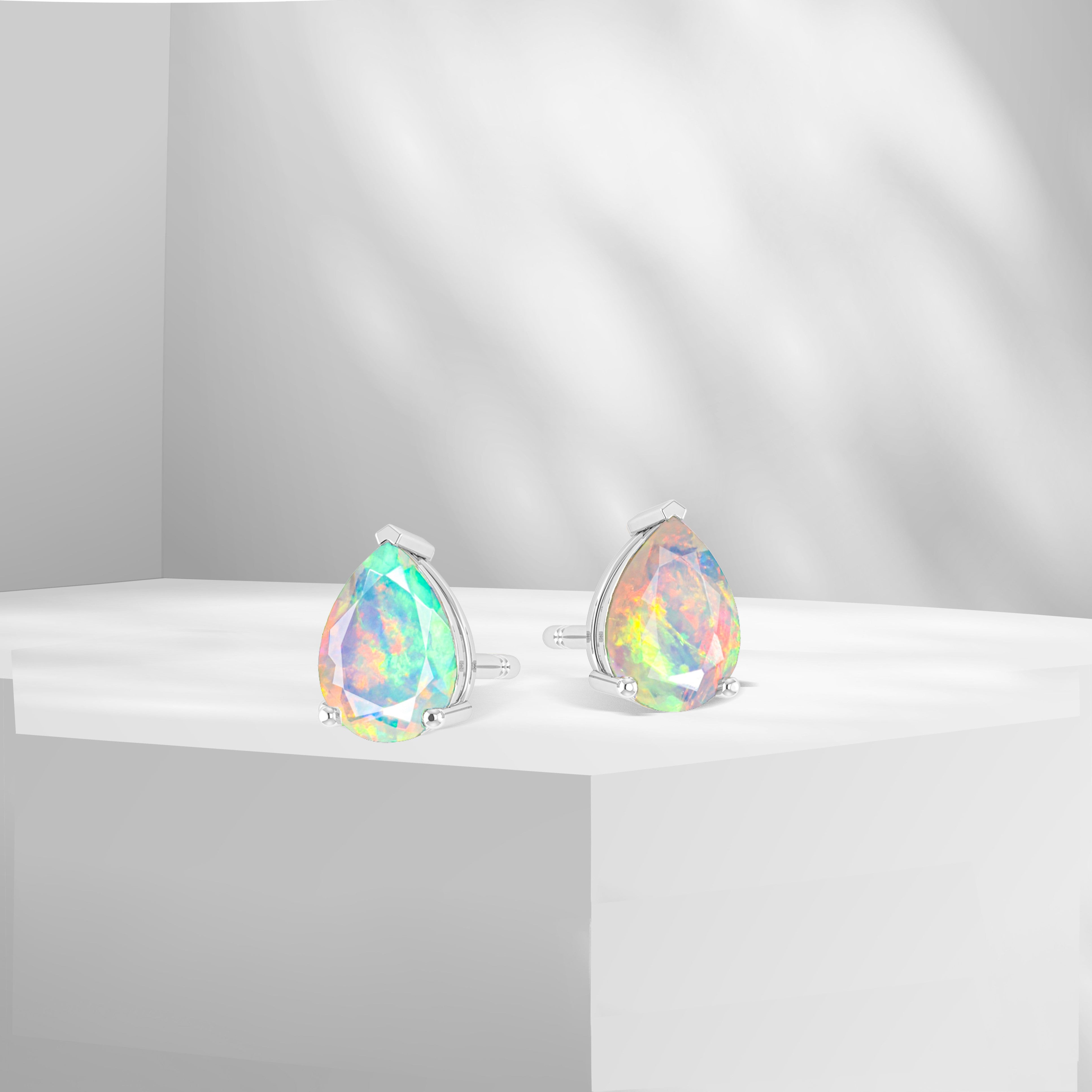 White Multi Fire Pear Opal Prong Stud Earrings - Elegant Sterling Silver Dangle Earrings for Women, Perfect for Weddings, Parties & Everyday Wear