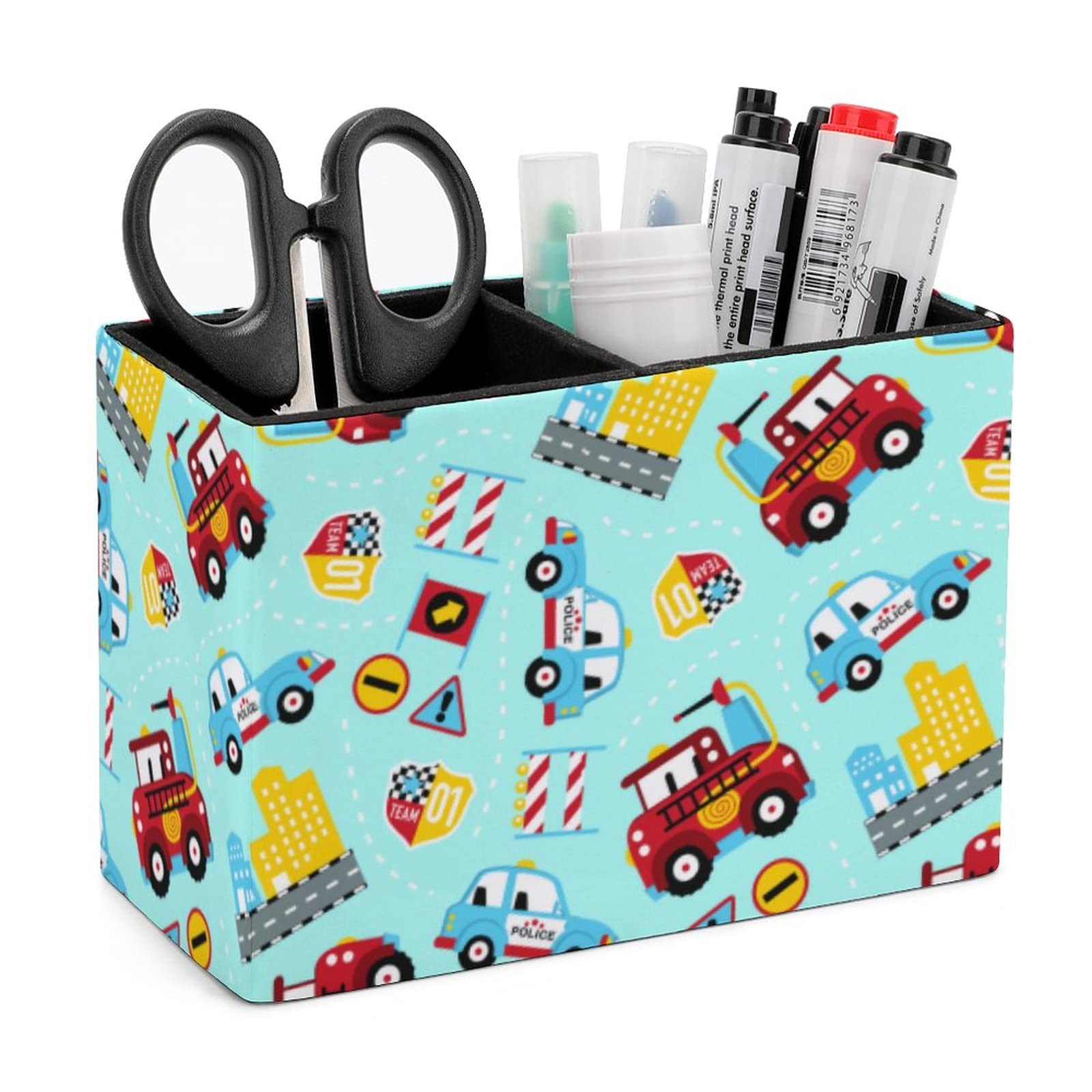Cartoon Cars Pen Holder for Desk - Leather Pencil Organizer & Makeup Brush Storage for Office, School, College | Perfect Desktop Organizer for Stationery, Art Supplies, and Cosmetics