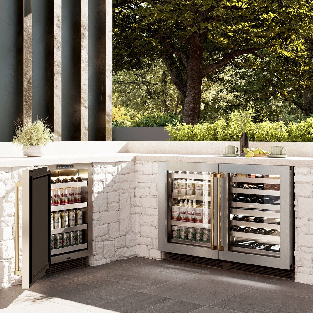 ZLINE Autograph Edition 24 Inch Touchstone 151 Beverage Refrigerator - Stainless Steel Glass Door with Gold Handle - Perfect for Home Bar, Kitchen, or Office - Energy Efficient Drink Cooler for Wine, Beer & Soda (RBSOZ SN 24 G)