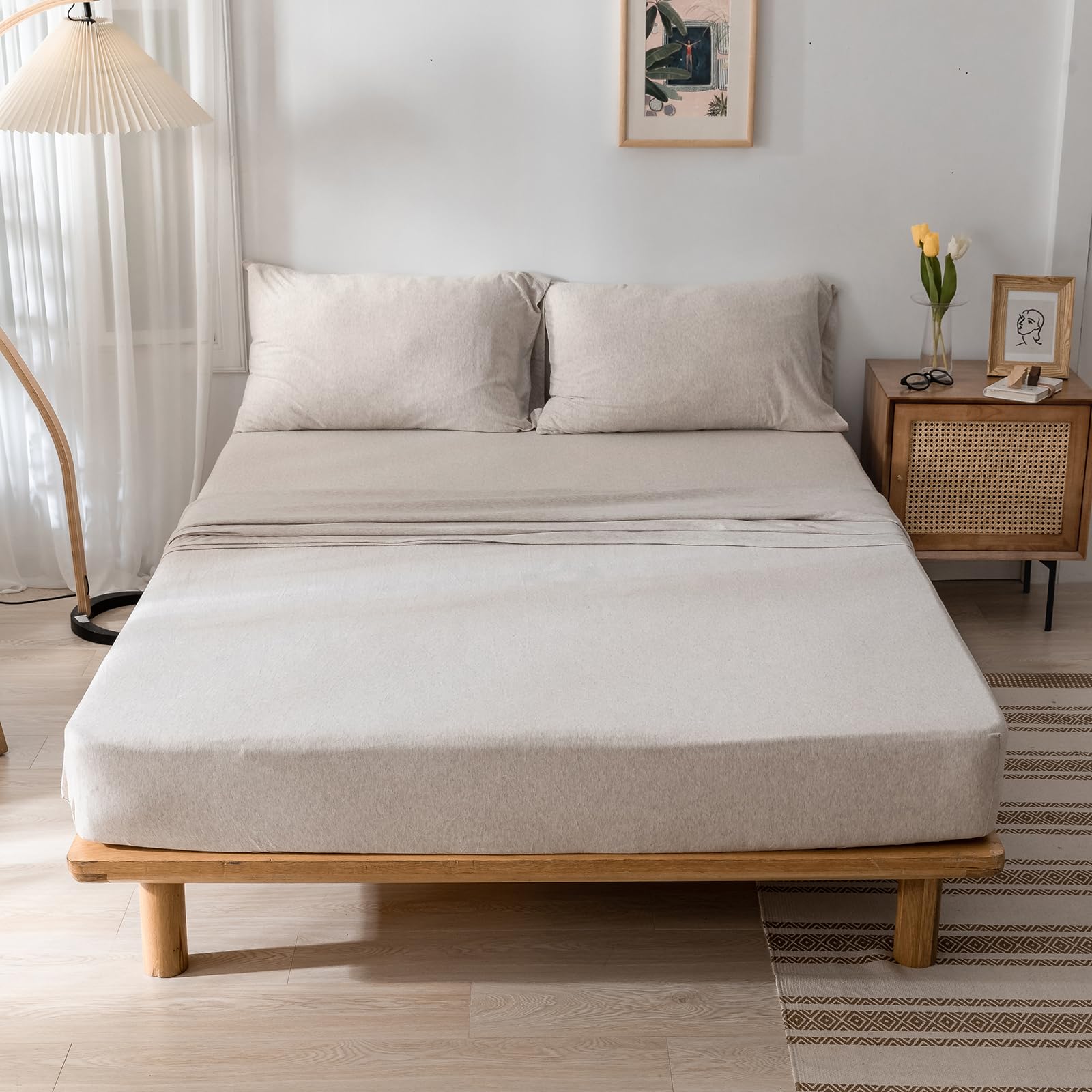 DONEUS Jersey Knit Sheet Set - 4-Piece Soft Breathable Queen Size Bed Sheets - T-Shirt Cotton Bedding with Deep Pockets & Pillowcases (Beige, Queen) - Perfect for Cozy Nights & Guest Rooms