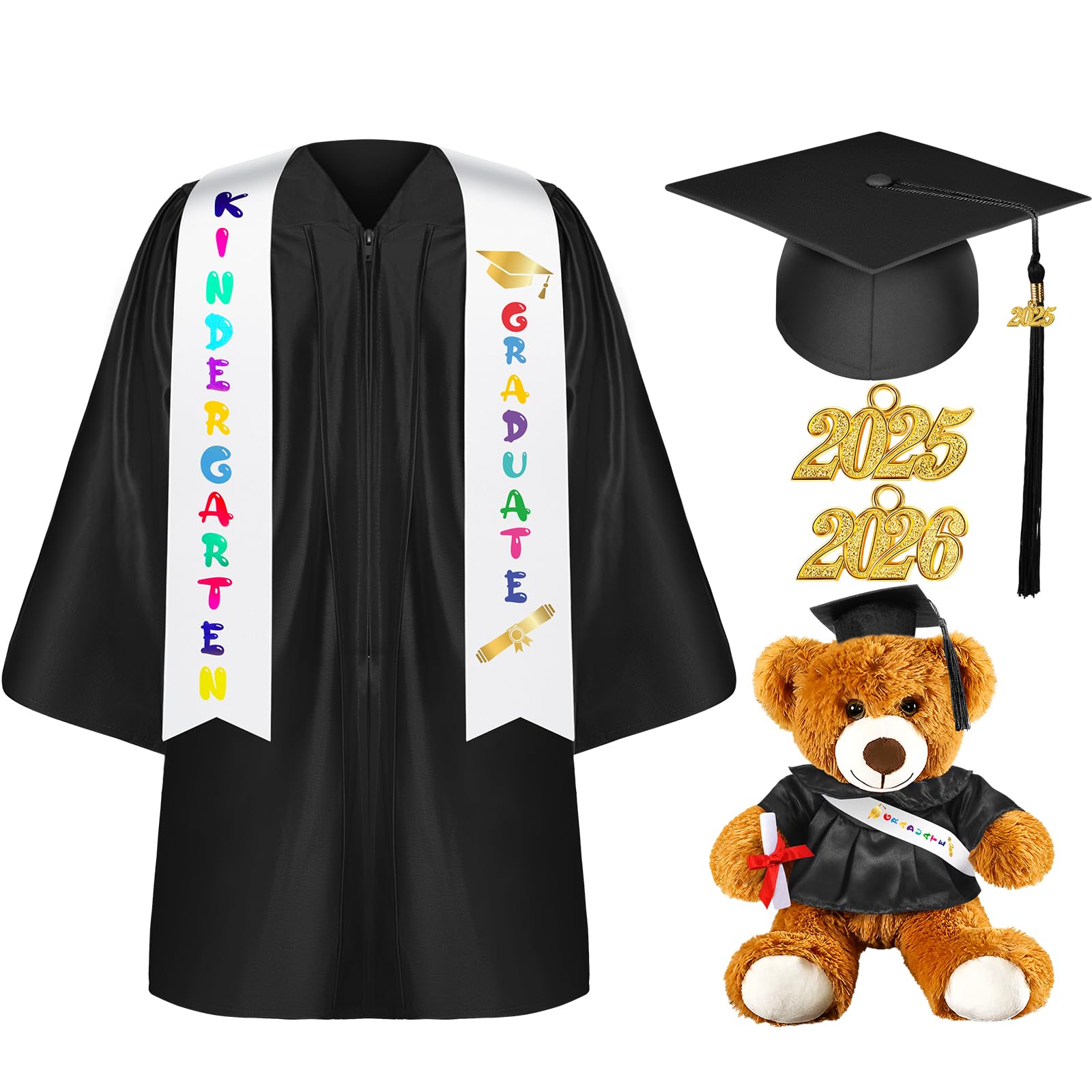 Sintuff 7-Piece Kindergarten Graduation Set - Preschool Graduation Gown, Cap, Stole, Tassel & Sash with Charm Bear - 2024 Graduation Accessories for Boys & Girls - Perfect for Ceremonies, Photo Shoots & Keepsake Gifts