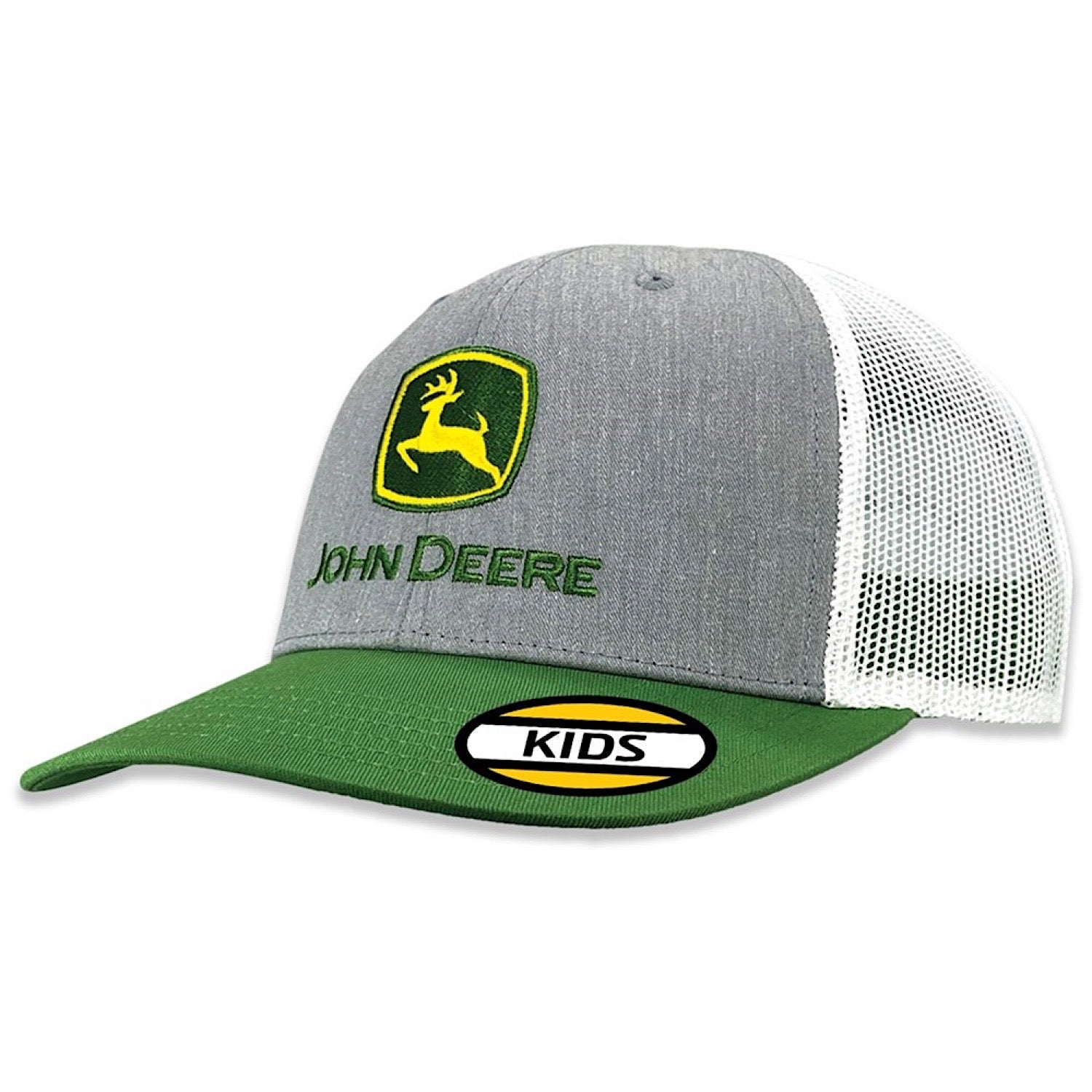 John Deere KIDS Basic Trucker Mesh Cap - Heather Grey/Green/White Adjustable Baseball Hat for Boys & Girls - Perfect for Outdoor Play, Farming, and Casual Wear