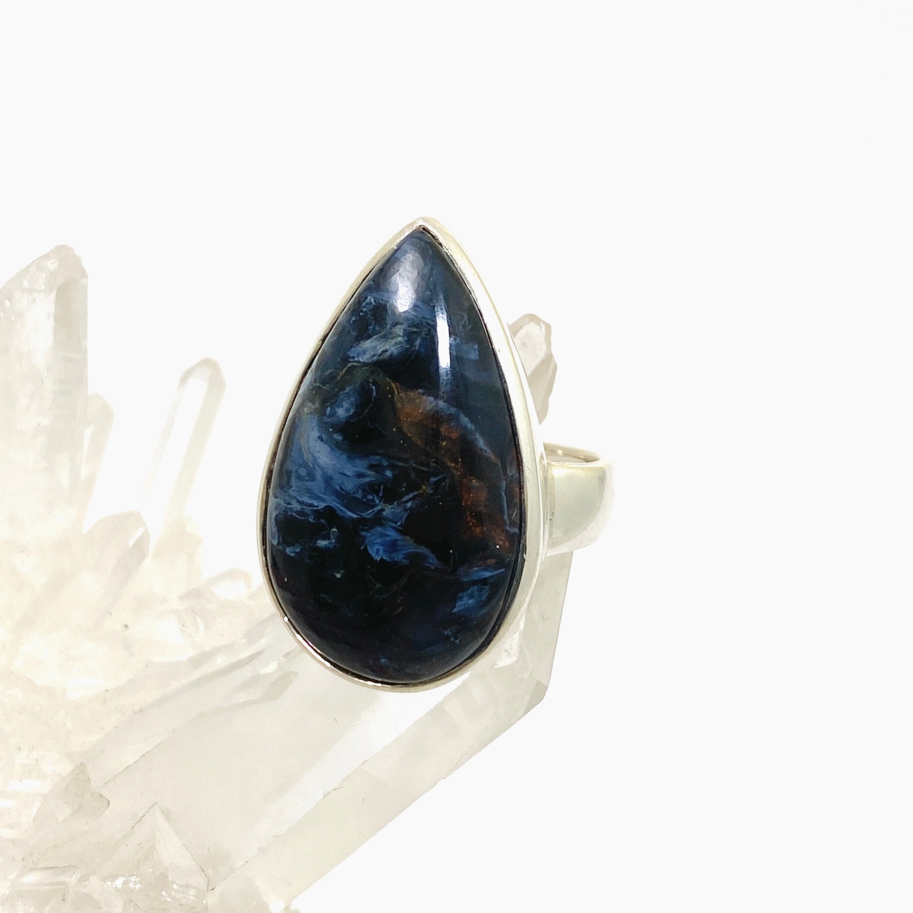 Pietersite Teardrop Cabochon Ring - Size 9.5 Sterling Silver Handmade Jewelry for Women - Perfect for Boho Fashion, Gift Giving & Special Occasions