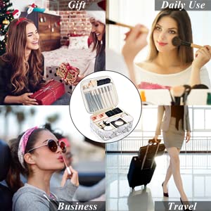DISEN Makeup Bag Organizer with 5 Bonus Brushes – Adjustable Dividers, Waterproof Cosmetic Case for Women – Perfect for Travel, Home & Professional Makeup Storage