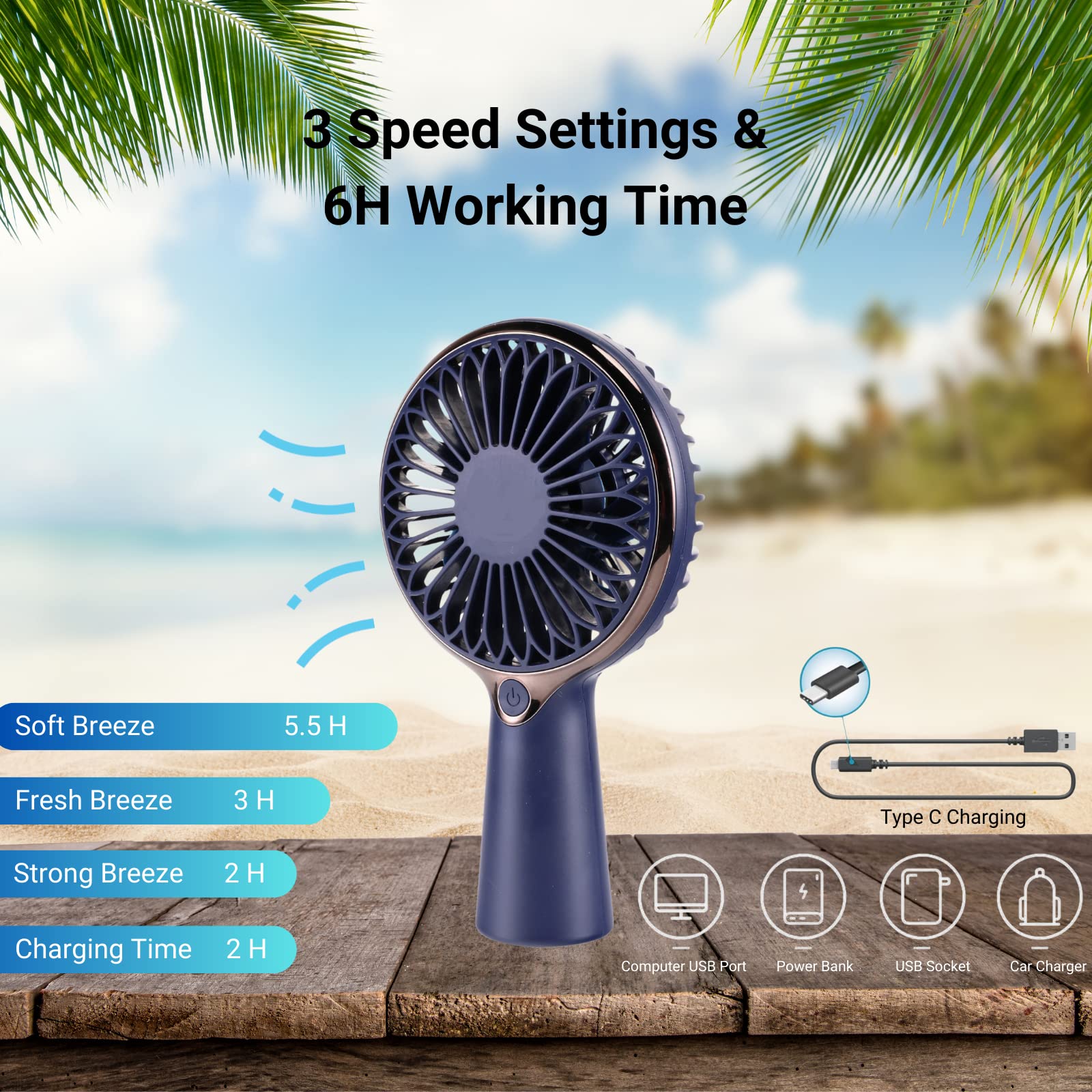 Portable Mini Fan - Handheld Personal Fan with 3 Speeds & 6-Hour Battery Life | USB Rechargeable Desk Fan for Office, Travel, Camping | Perfect for Kids, Men & Women - Stay Cool at Work, Outdoors & Home