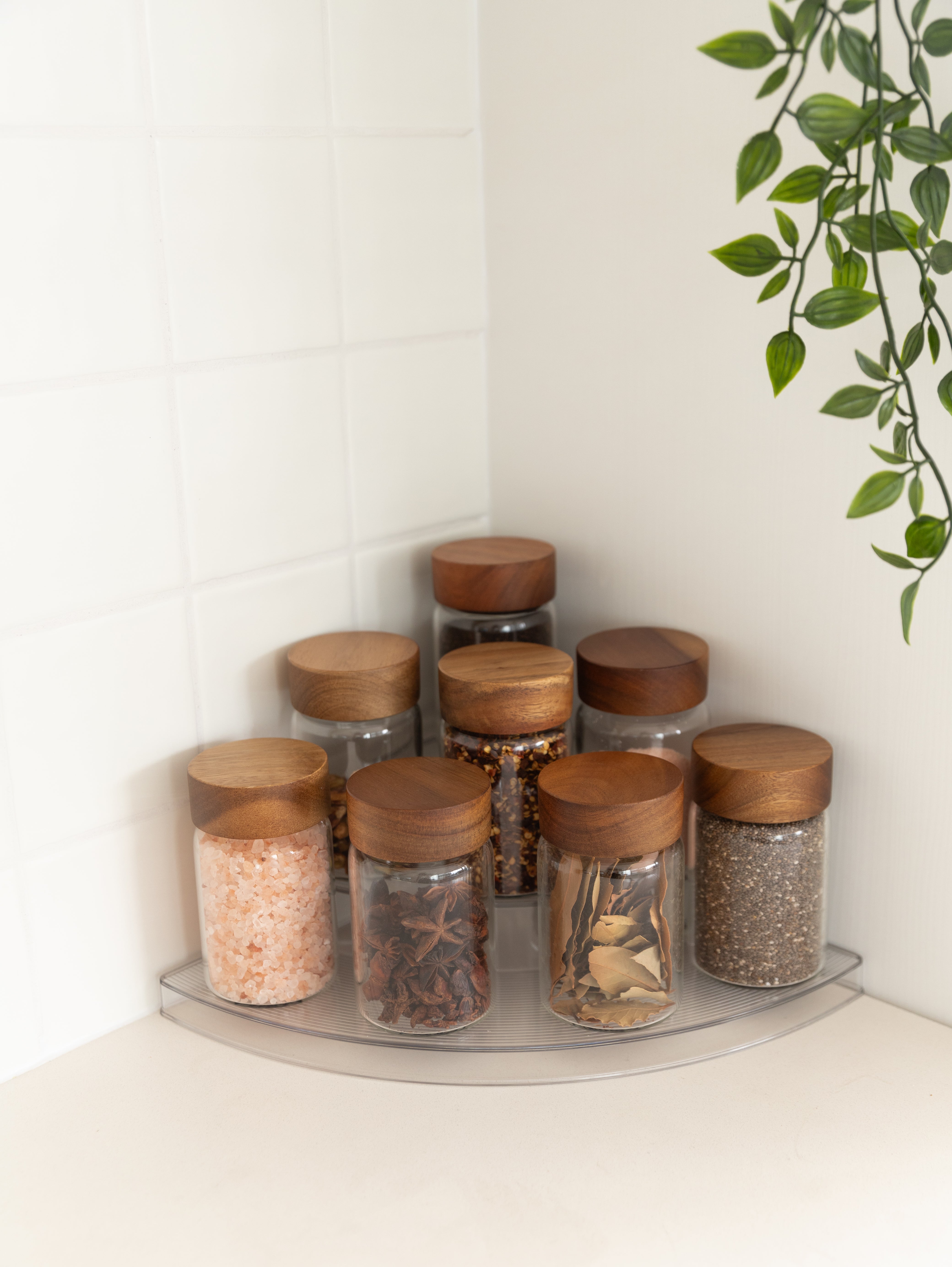 Clear 3-Tier Corner Shelf with 8x250ml Acacia Spice Jars - Space-Saving Spice Organizer for Kitchen, Bathroom & Pantry Storage