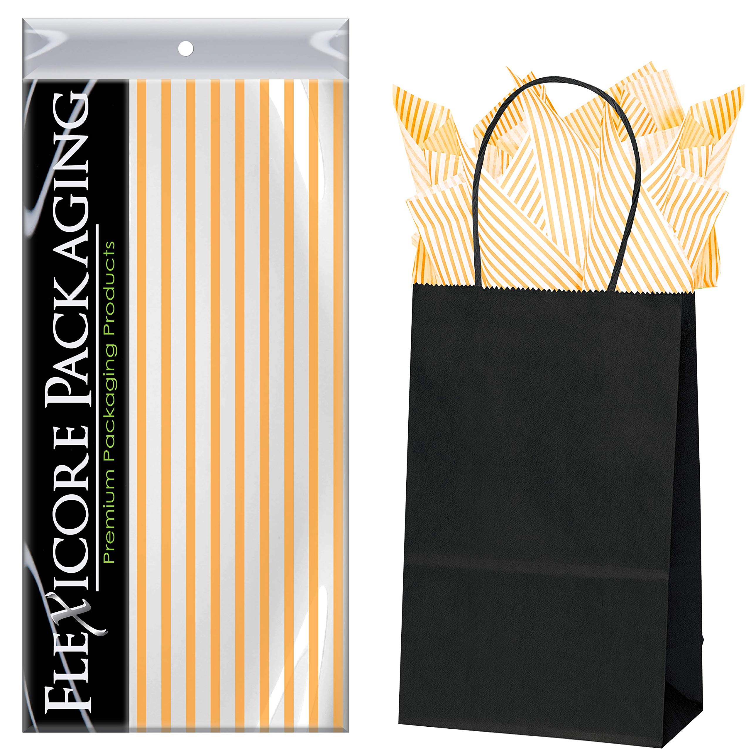 Premium Black Kraft Paper Gift Bags with Tangerine Pin Stripe - 5.25