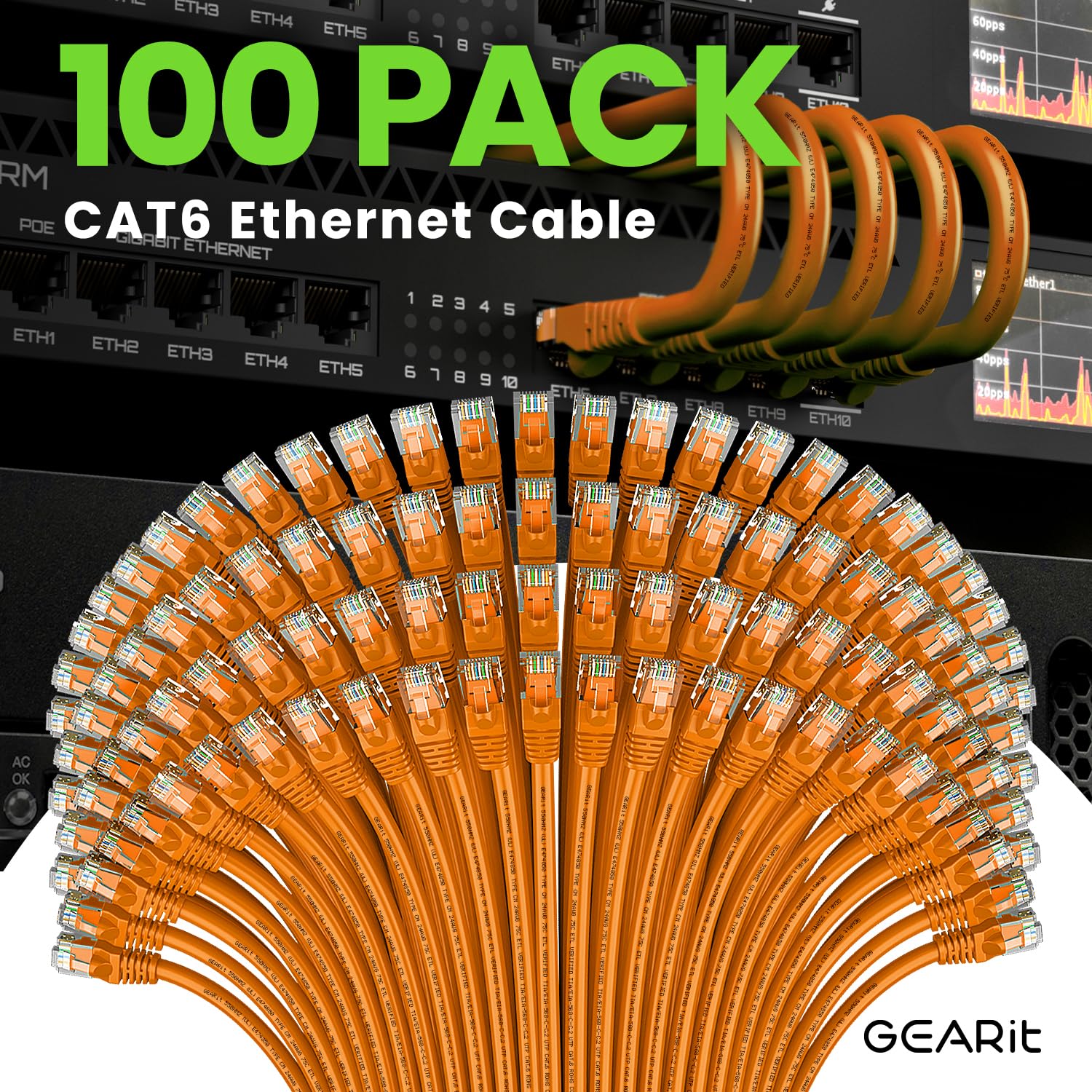 GEARit Cat 6 Ethernet Cable 100-Pack (1 Foot) - 10Gbps Snagless Patch Cords with Gold-Plated RJ45 Connectors for High-Speed Internet - Ideal for PC, TV, Tablet, Router, Printer, Servers & Data Centers - Durable Orange Networking Cables for Office, Home & IT Infrastructure Setup