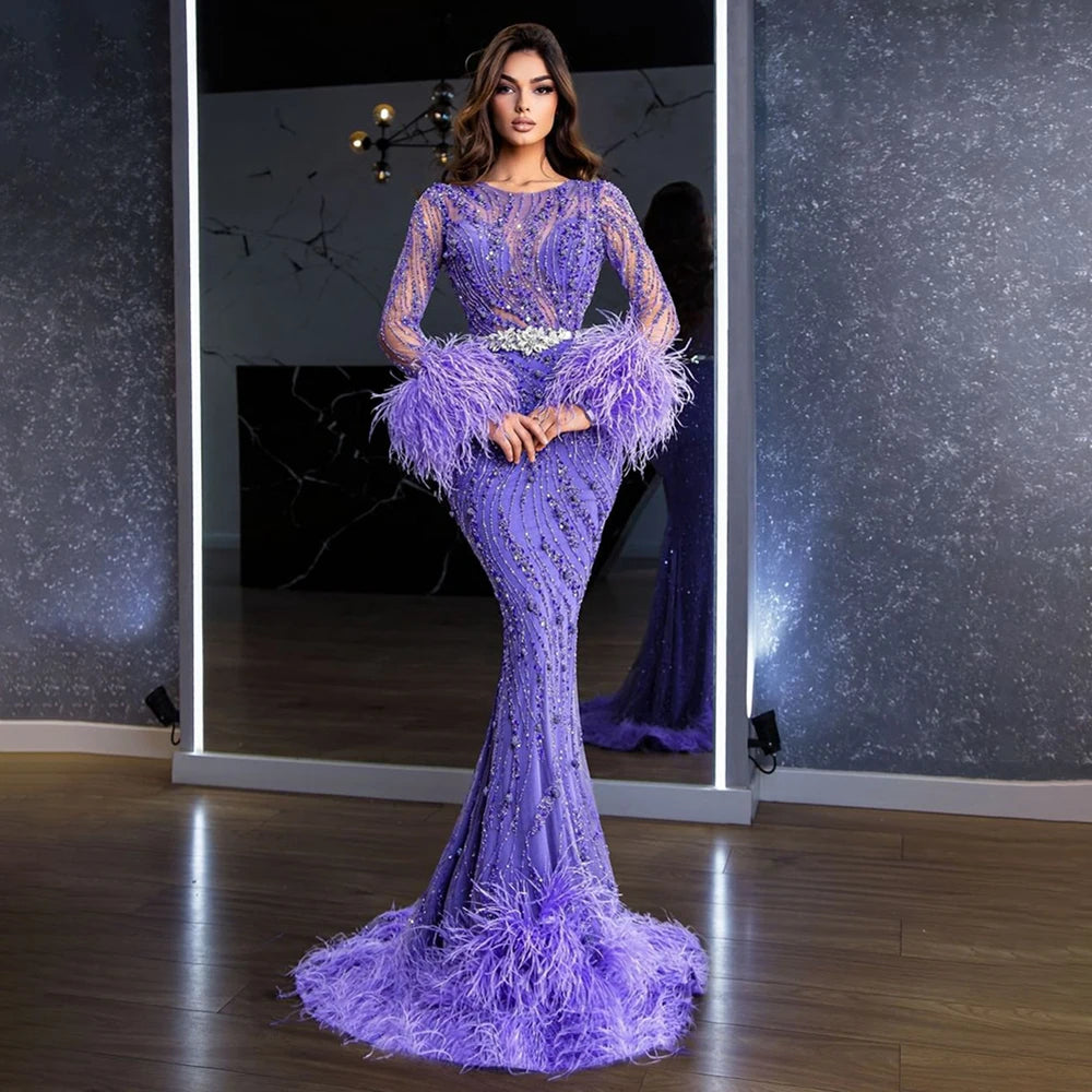 Elegant Mermaid Evening Dress with Beaded Feathers - Arabic Purple Luxury Gown for Women's Wedding, Prom, Gala & Special Occasions | LA72367