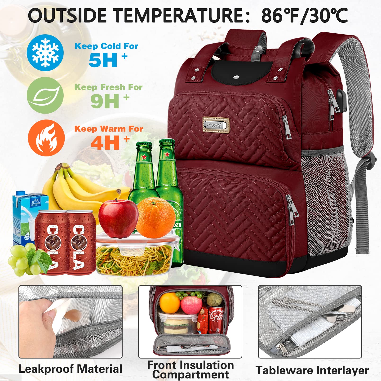 Mogplof Insulated Lunch Backpack for Women - Water-resistant Cooler Backpack with USB Port & RFID Pockets, Fits 15.6 Inch Laptop, Red - Perfect for College, Nurse Work, Travel, and Outdoor Adventures
