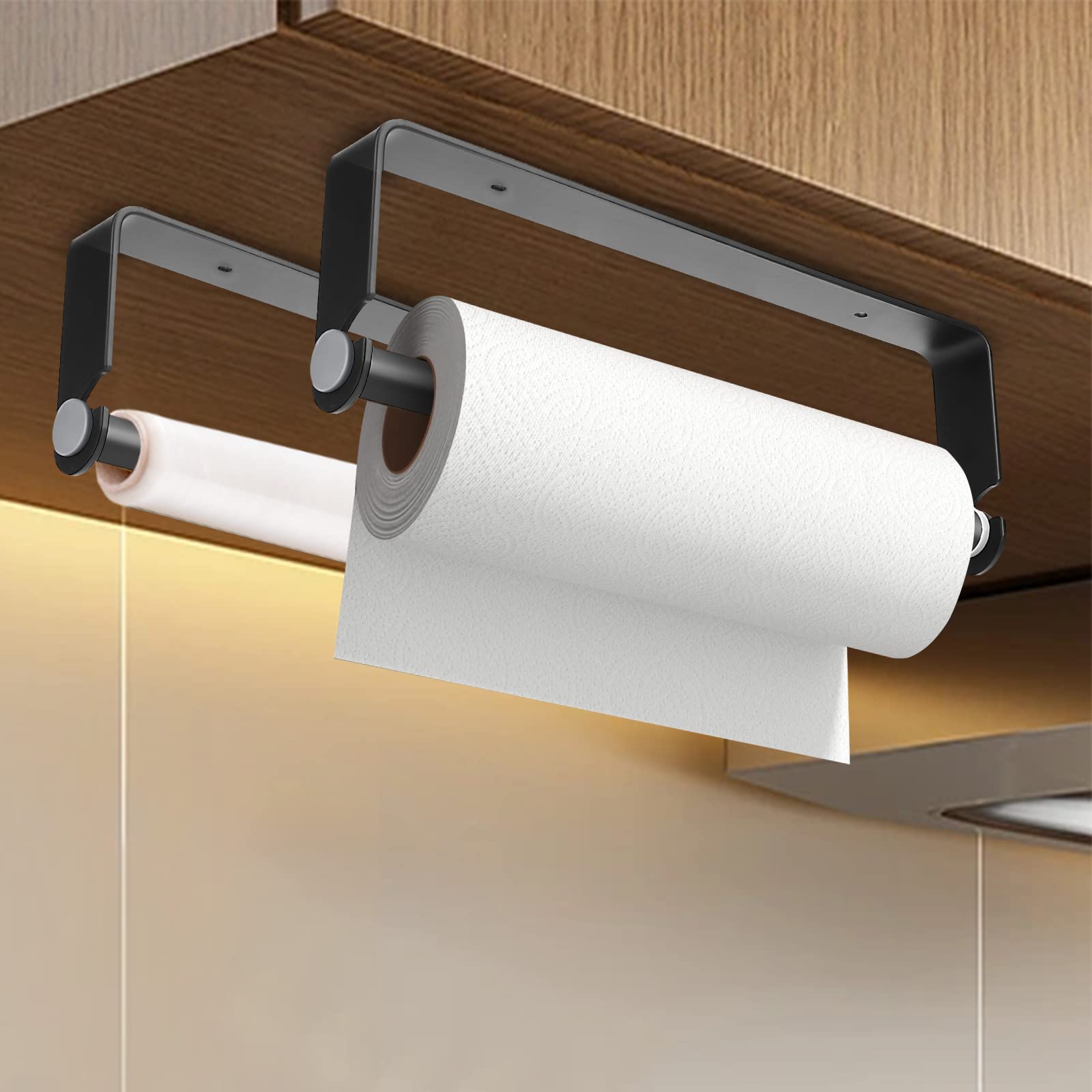 Under Cabinet Paper Towel Holder - No Drill Adhesive or Screw Mount, Space Saving Kitchen & Bathroom Organizer (Black) - Perfect for Small Spaces, RVs, Dorms & Apartments