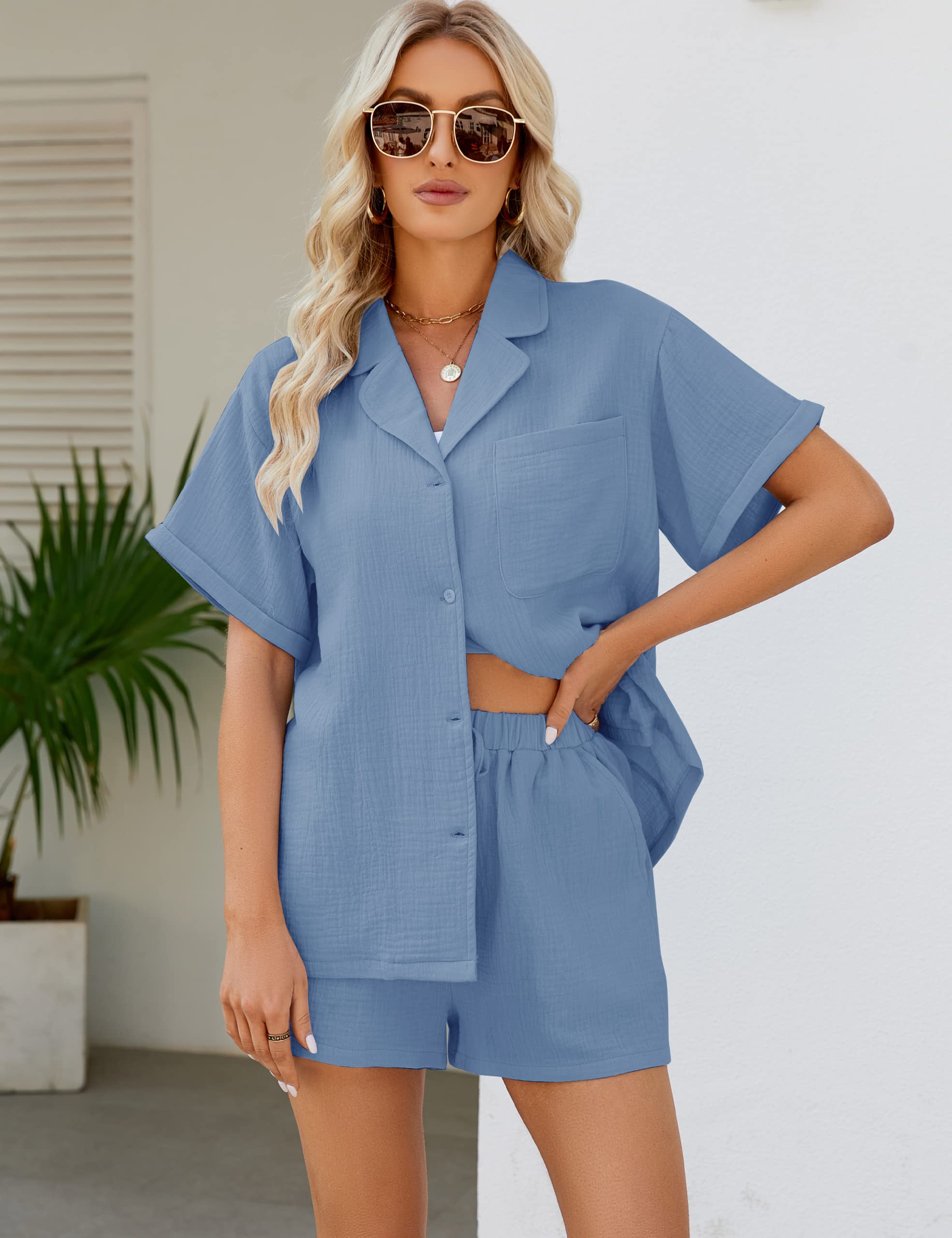 Flygo Women's 2 Piece Outfits - Short Sleeve Linen Shirt & Elastic Waist Shorts Set | Summer Casual Wear for Beach, Travel & Daily Outings