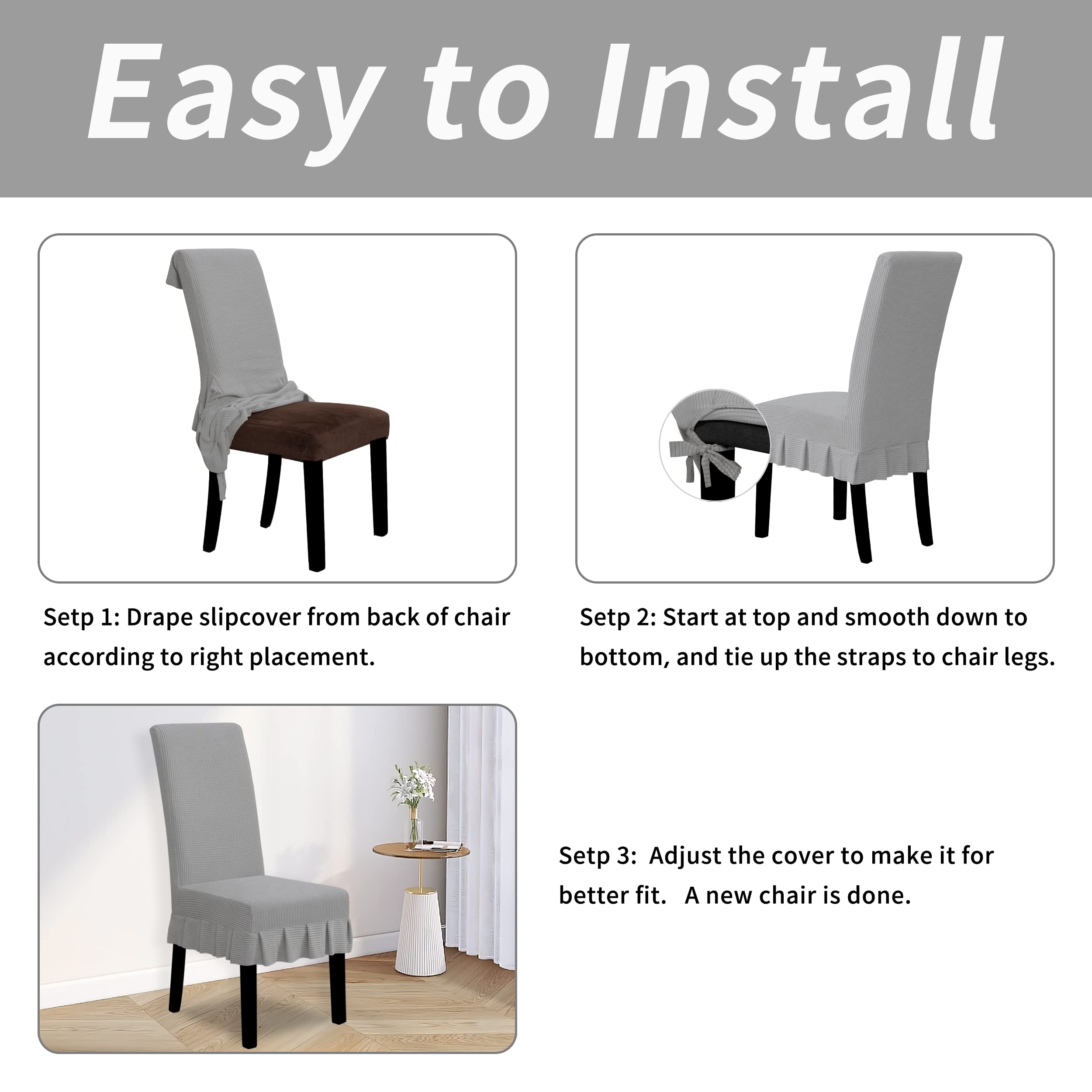 Stretchable Parsons Dining Chair Covers with Skirt - 4-Piece Set in Light Gray for Restaurants, Banquets & Home Dining Rooms - Washable & Durable Slipcovers for Everyday Use & Special Occasions