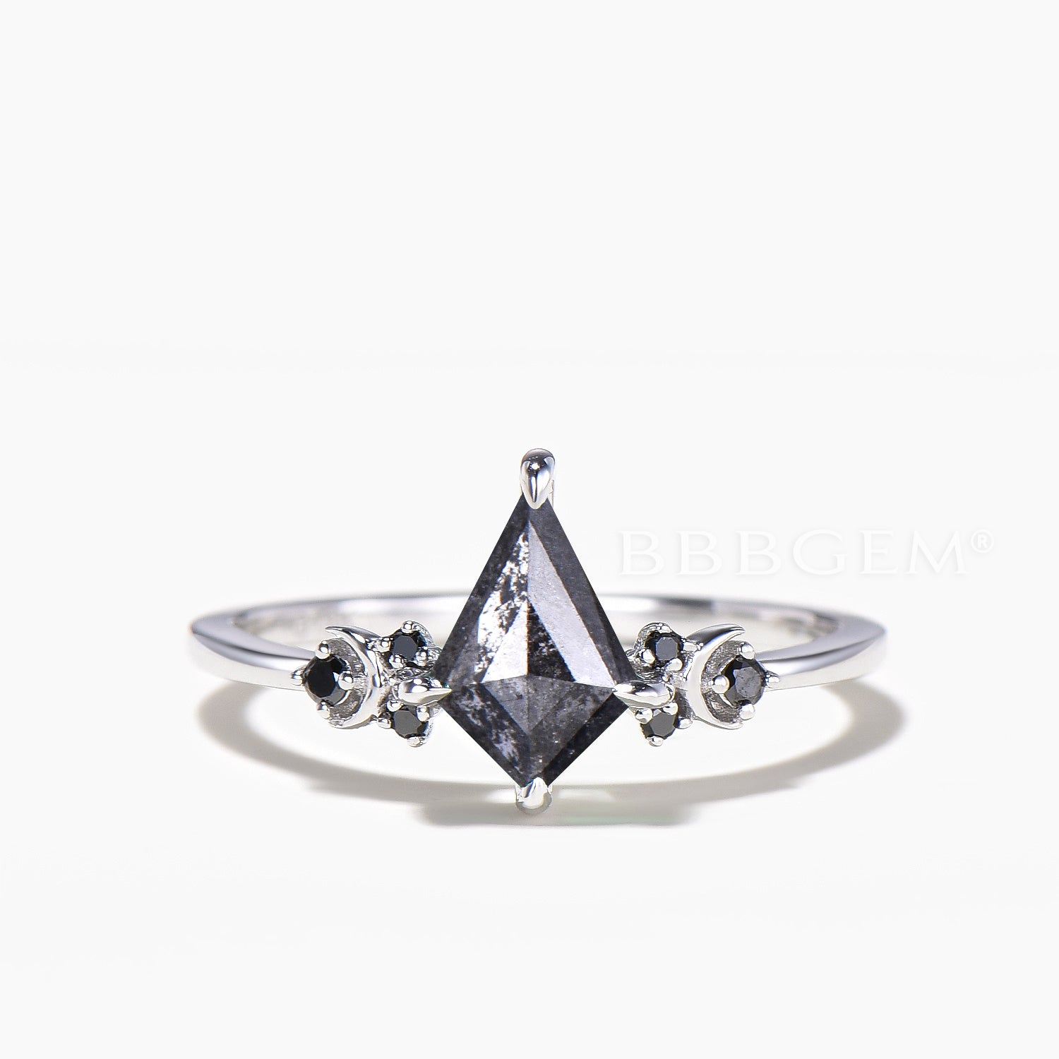 Kite Cut Salt and Pepper Diamond Moon Bridal Set - Black Diamond Wedding Band for Women | Unique Alternative Engagement Ring & Boho Wedding Jewelry