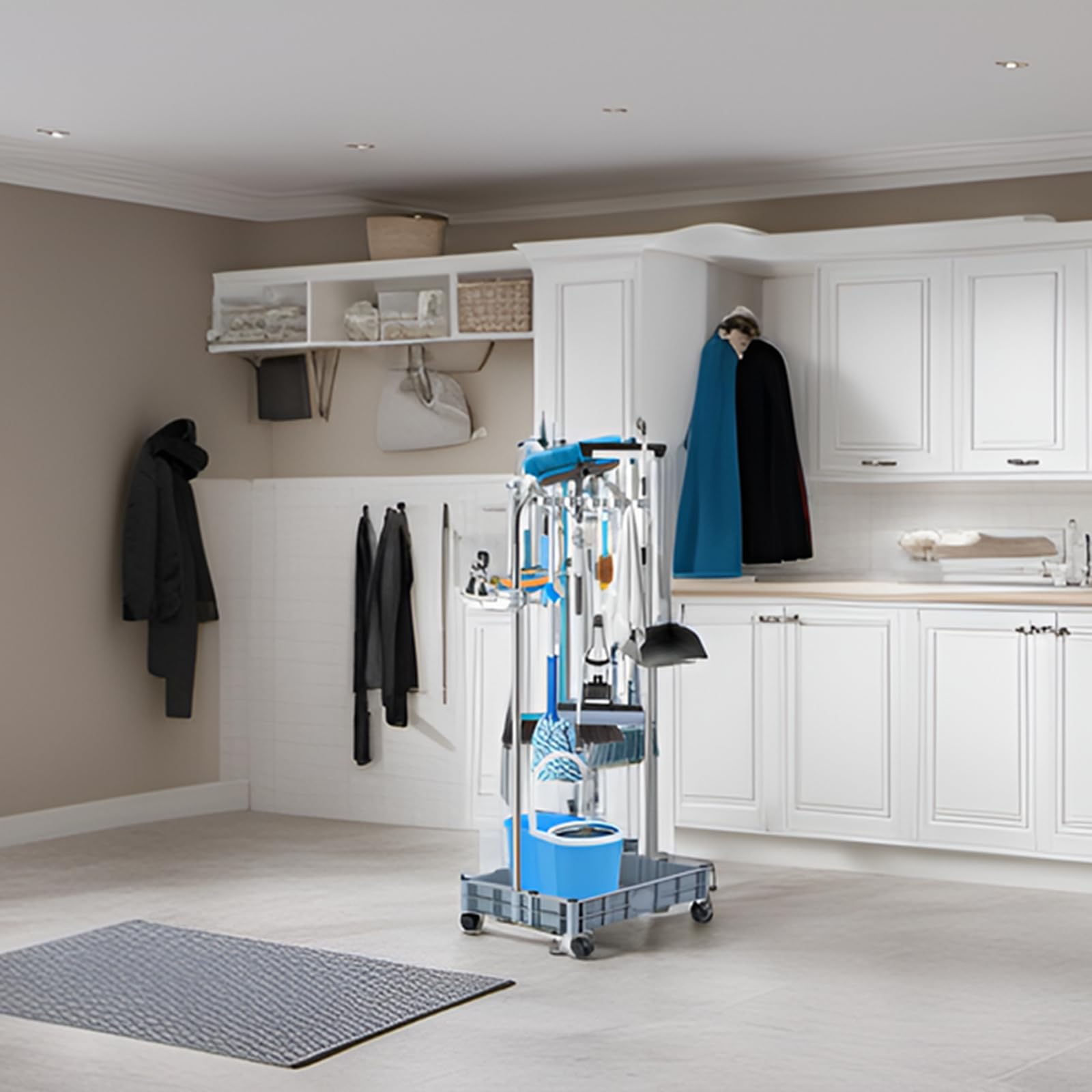 KYDIFS 10-Rack Broom Holder & Closet Organizer - Heavy Duty Cleaning Supplies Storage Cart for Garage, Garden, Cabinet & Home Organization - Perfect for Mops, Brooms, Rakes & Cleaning Tools Storage