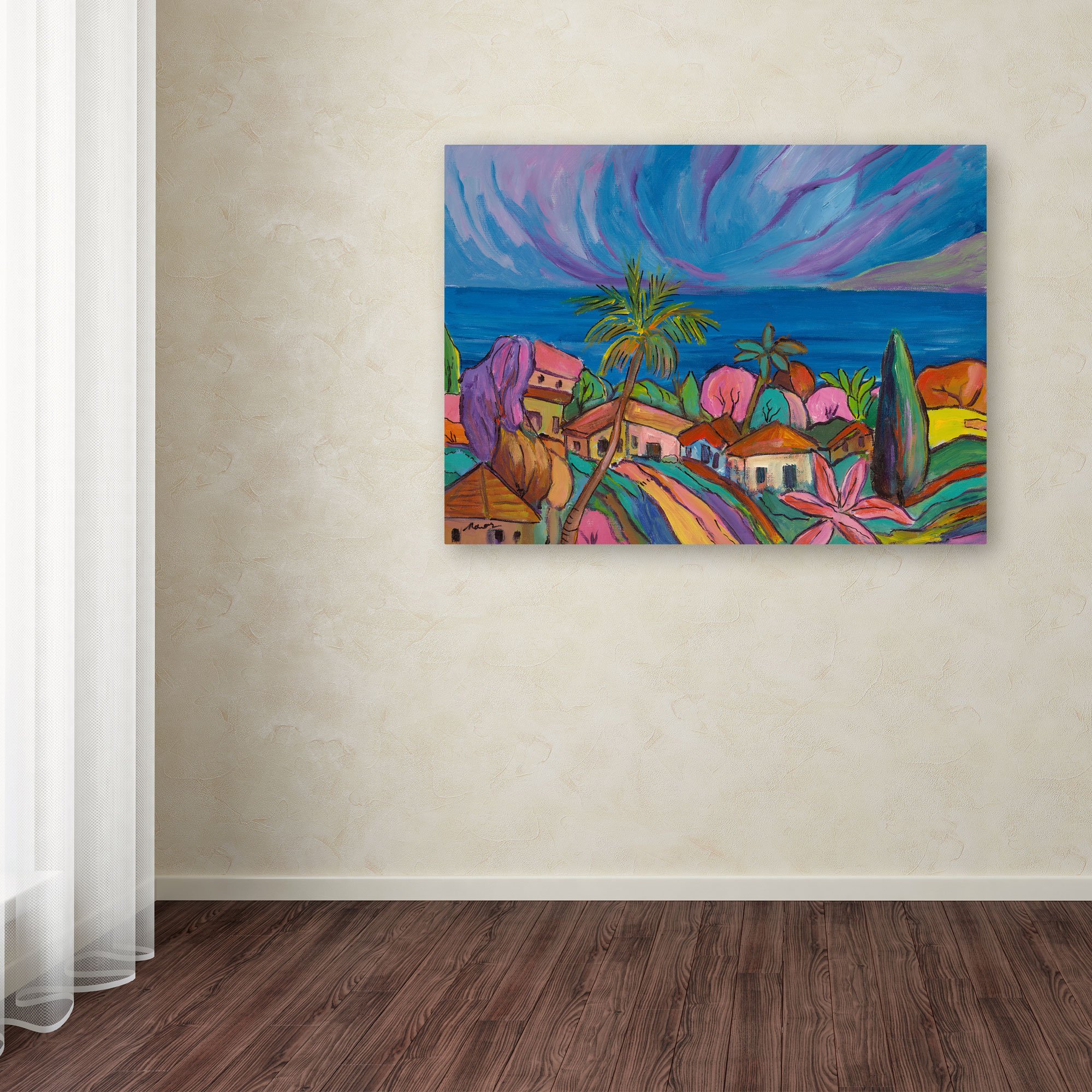 Trademark Fine Art - Houses Under a Purple Sky Canvas Painting by Manor Shadian, 35x47 Inch - Modern Wall Art for Living Room, Bedroom & Office Decor