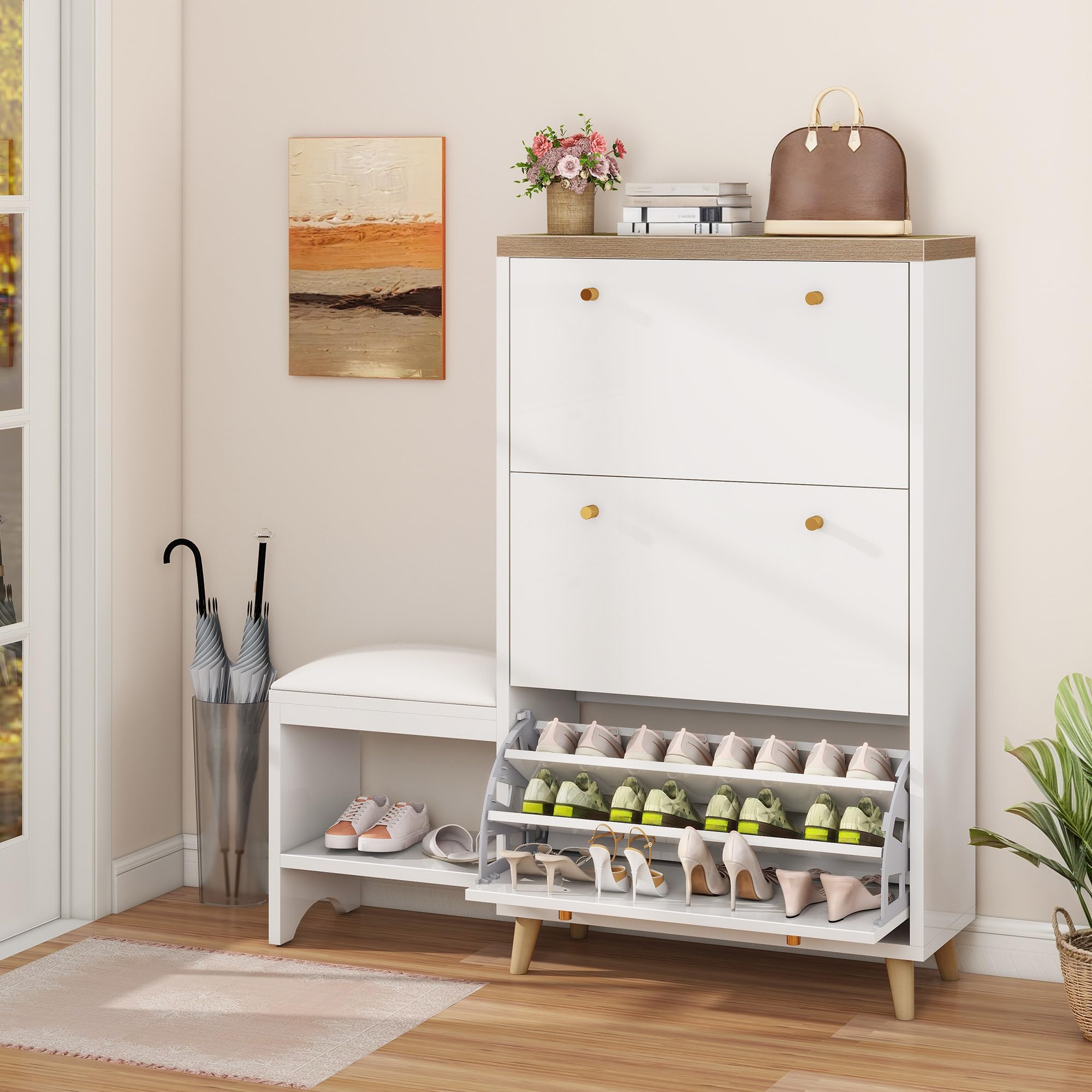 Modern White Shoe Cabinet with Bench - Narrow Hidden Shoe Organizer with 3 Flip Drawers for Entryway, Hallway, Closet & Living Room | Space-Saving Shoe Storage Solution for Small Spaces & Home Organization