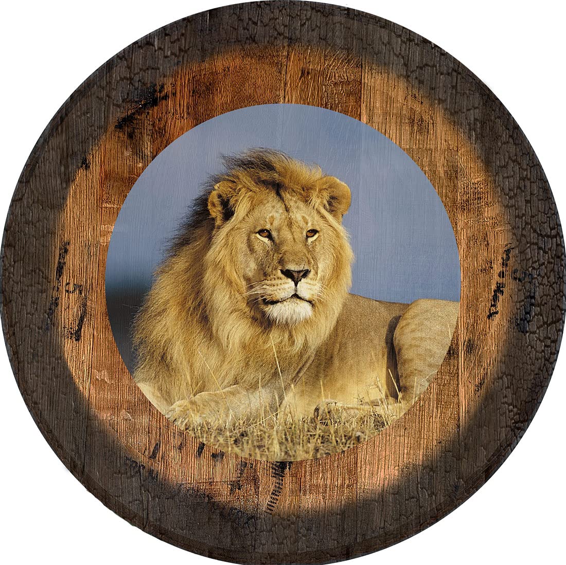 African Lion Safari Pub Sign - Large Oak Whiskey Barrel Lid Wall Art Decor for Bar, Man Cave, or Home - Rustic Wildlife-Themed Wall Hanging for Living Room, Basement, or Game Room