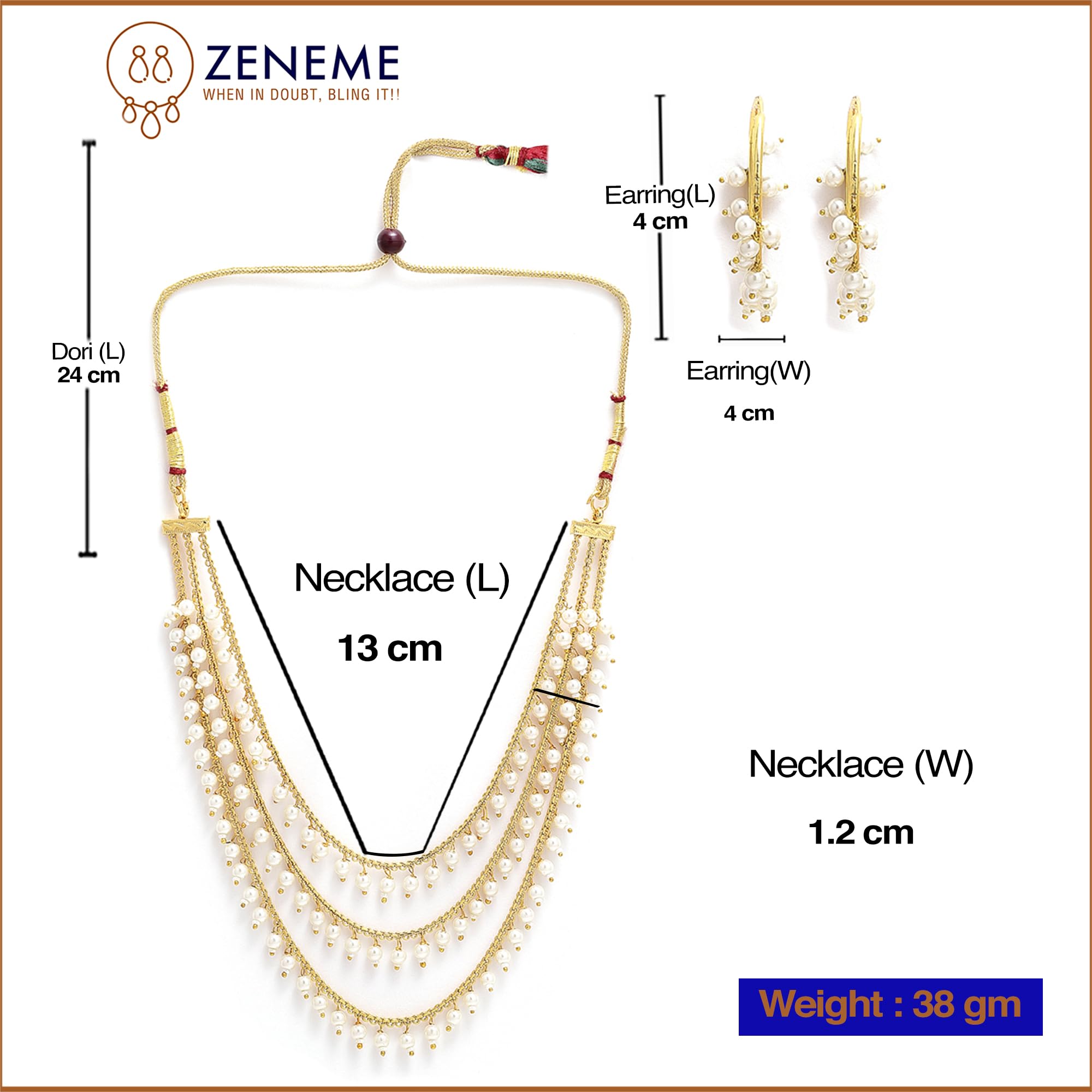 ZENEME 3-Layer Multi-Colored Pearl & Gold Plated Necklace & Earrings Set for Women | Traditional Jewelry Gift for Girls | Perfect for Weddings, Parties & Special Occasions
