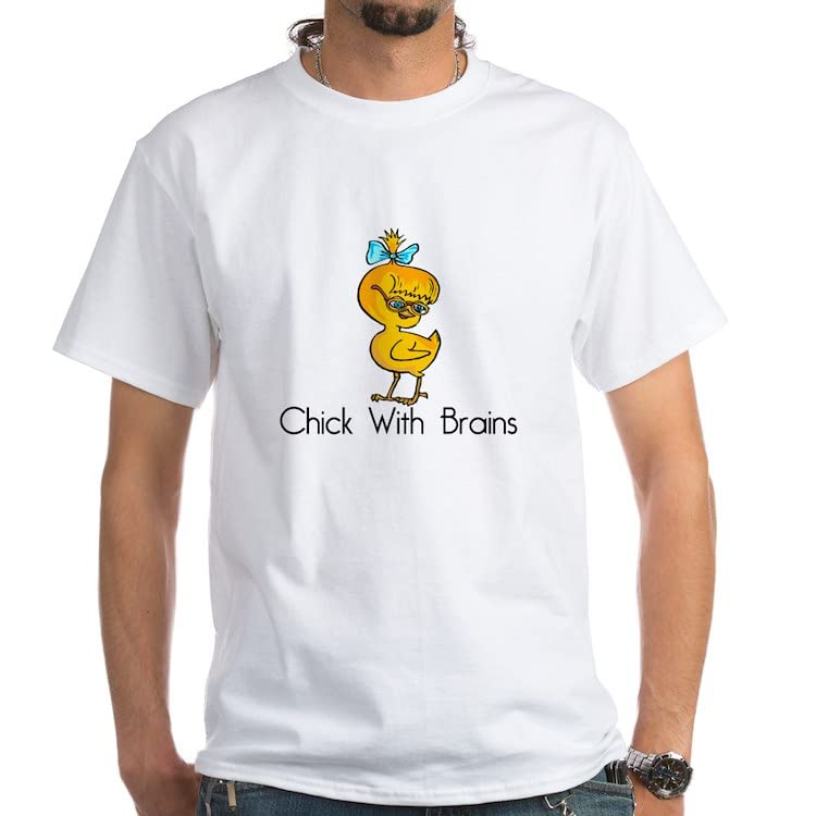 Chick with Brains White Cotton T-Shirt for Women - Funny Slogan Tee - Perfect for Casual Wear, Work, and Feminist Events
