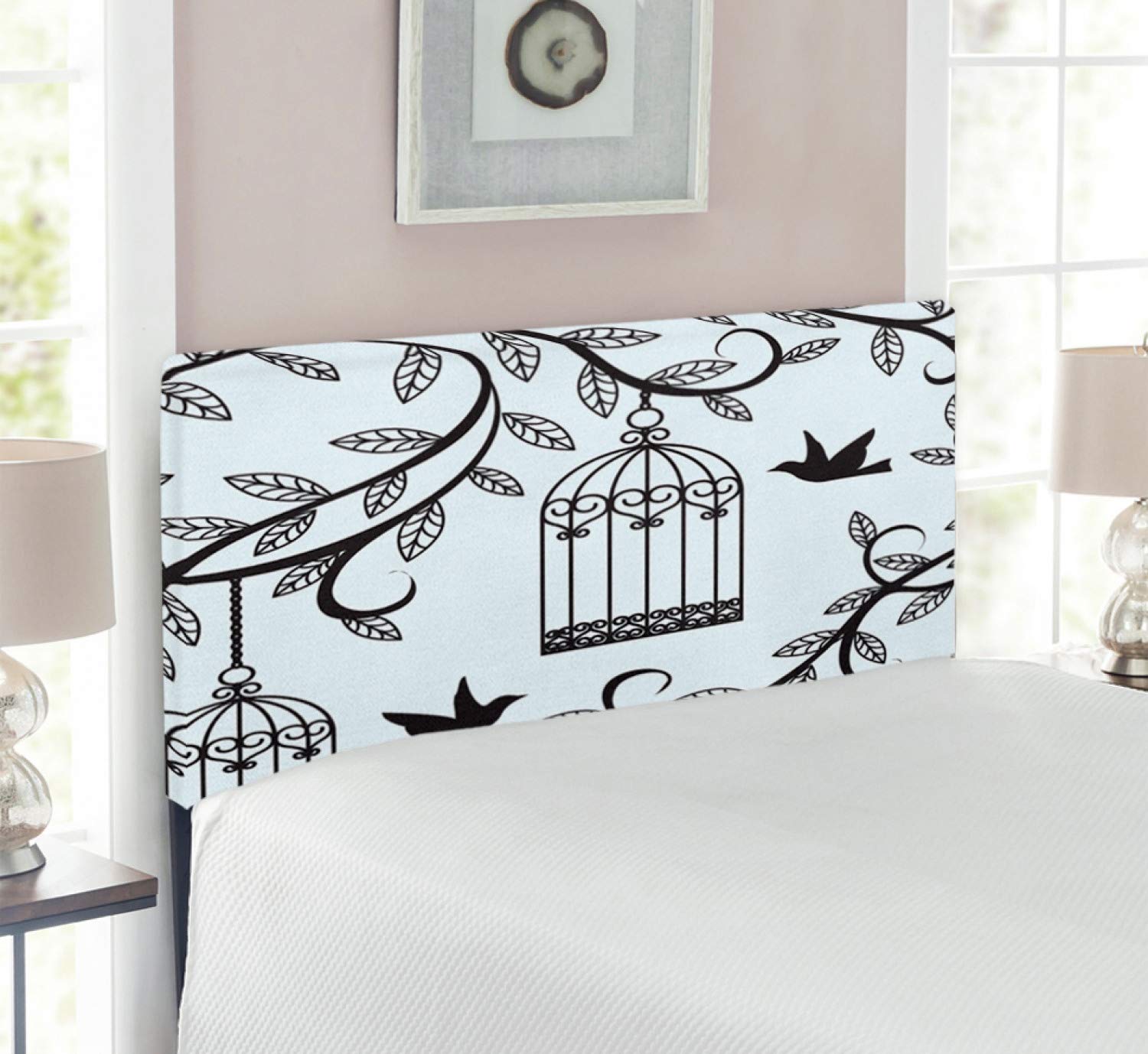 Ambesonne Birds Headboard - Ornate Cages, Tree Silhouette & Floral Animal Print Upholstered Metal Bed Frame with Memory Foam | Twin Size Blue Black | Perfect for Modern Bedroom Decor & Guest Room Styling