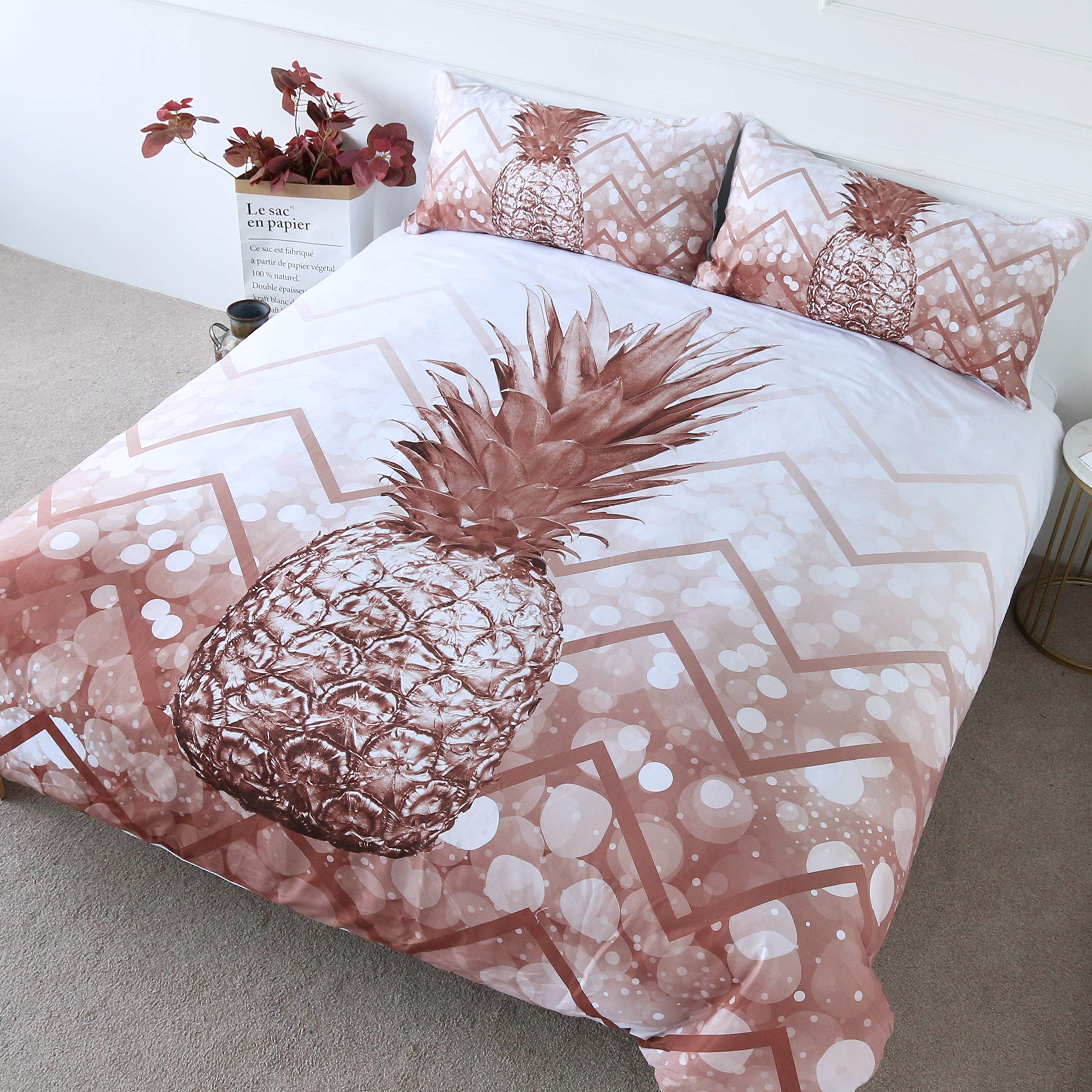 BlessLiving Rose Gold Pineapple Duvet Cover Set - 3 Piece Modern Chic Marble Comforter Cover with Shimmering Glitter Pink Design for Twin Bed | Soft & Luxurious Bedding for Women & Girls | Perfect for Teen Rooms, Dorm Decor & Gift Ideas