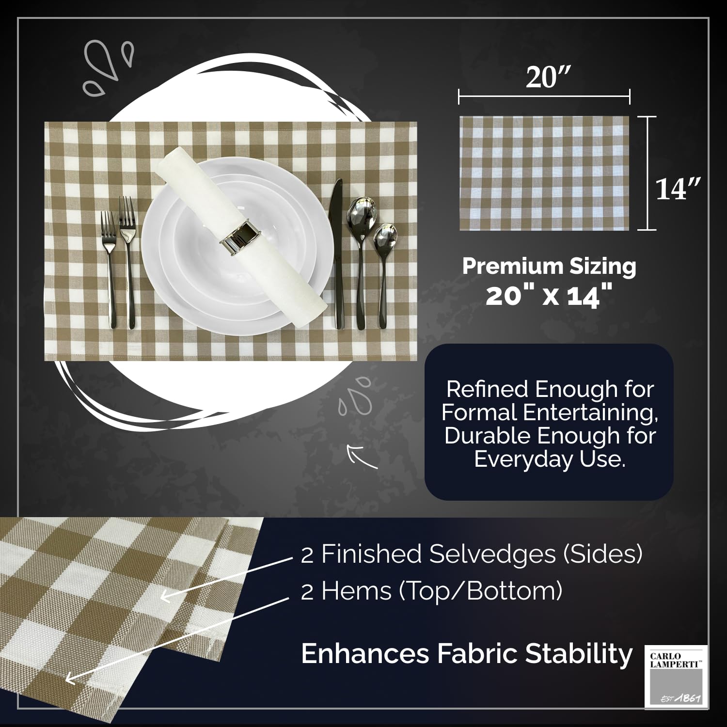 Premium Gingham Check Table Placemats Set of 4 - 100% Cotton Taupe Plaid Dining Mats 20