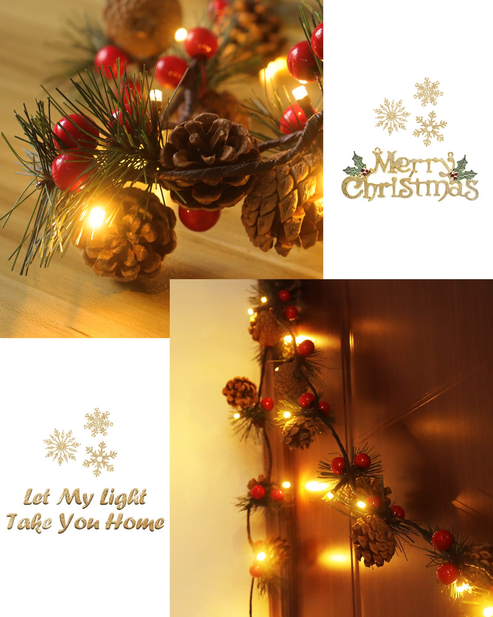 2 PCS Christmas Garland with LED String Lights - 6.6FT Pine Cone & Berry Decor for Indoor Fireplace, Mantel, Staircase, and Holiday Home Decor (20 LED Warm White Lights)