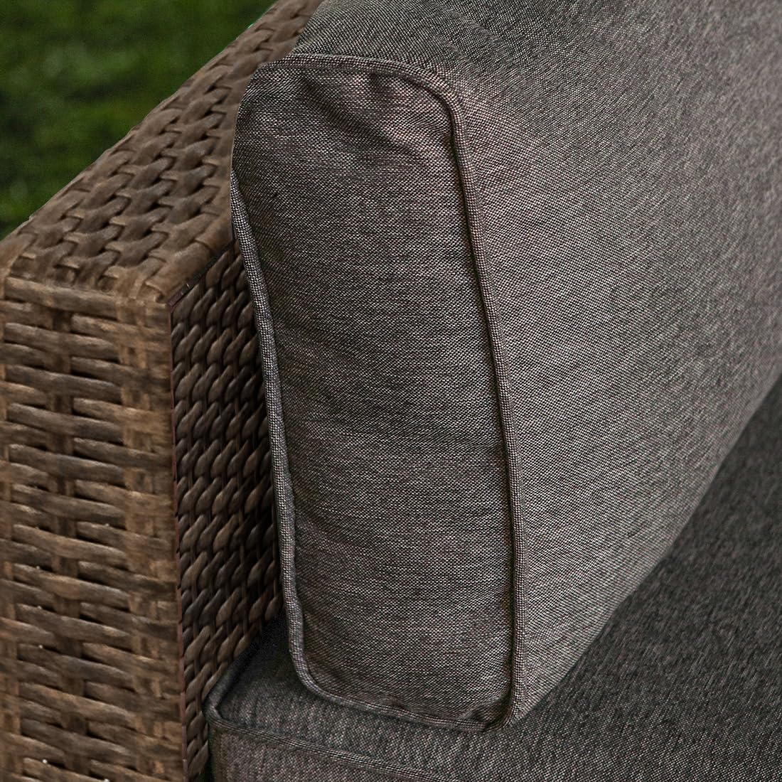 Luxury 7-Piece Outdoor Patio Furniture Set - Chocolate Brown Wicker Sectional Sofa with Dark Grey Cushions, Glass-Top Coffee Table & 2 Turquoise Pillows | Perfect for Backyard, Garden, Poolside Relaxation and Entertaining Guests