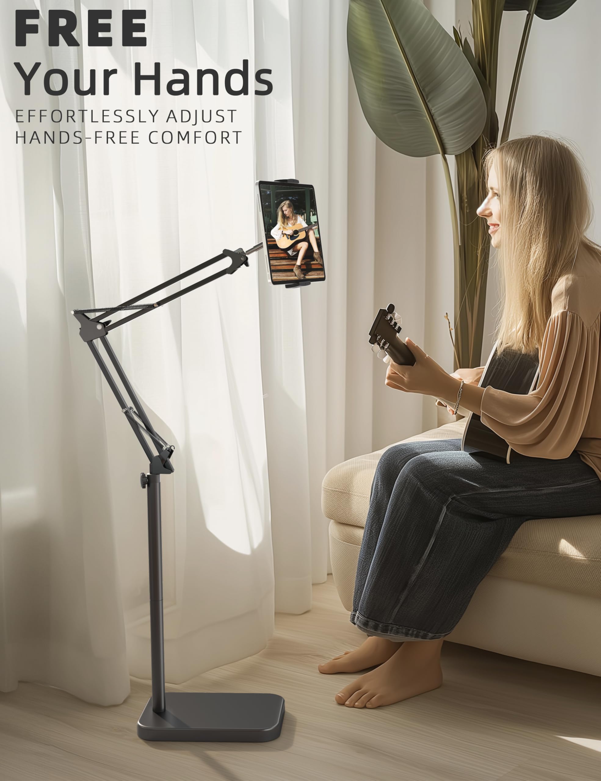 Adjustable Tablet Floor Stand with Heavy-Duty 11lb Base - Swivel & Height-Adjustable Arm Holder for iPad Pro/Air/Mini, Kindle, Galaxy Tab & Smartphones (4.7-13 inch) - Perfect for Home Office, Bedroom Reading & Hands-Free Video Calls