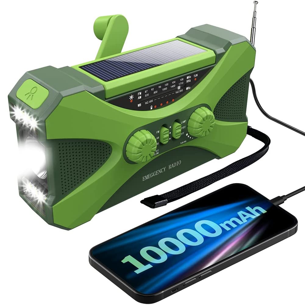 SOFORFREEM 10000mAh Solar Hand Crank Emergency Radio - Portable NOAA Weather Radio with USB Phone Charger, LED Flashlight & SOS Alarm - Perfect for Camping, Hiking, Power Outages & Outdoor Survival (Green)