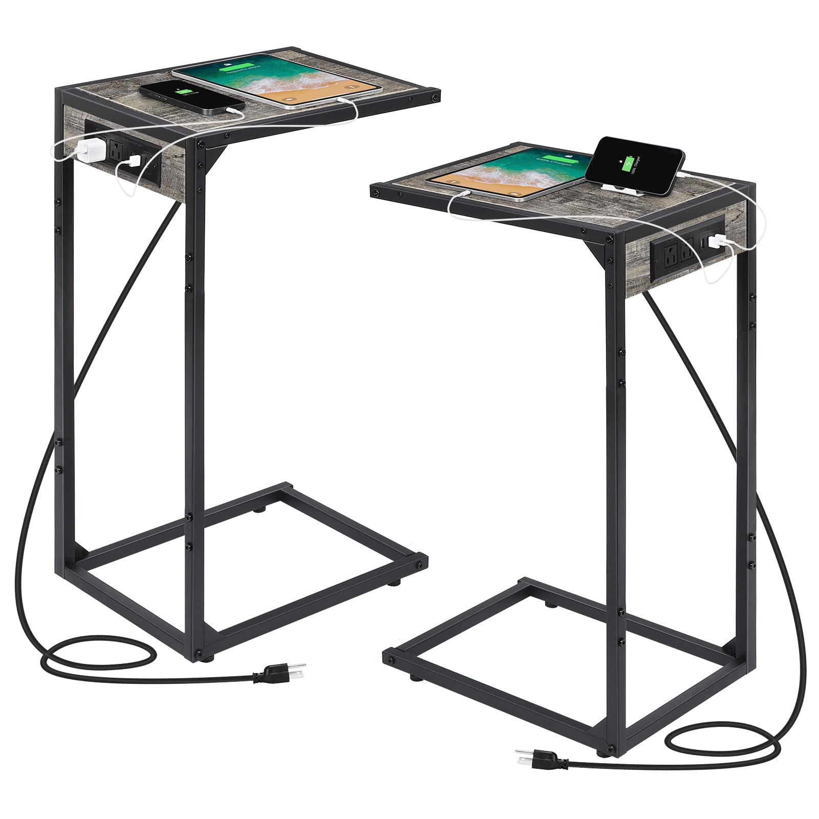 Set of 2 Modern Gray C-Shaped End Tables with Built-in Charging Station - USB Ports & Power Outlets - Snack Side Table for Living Room, Bedroom - Slide Under Couch Design for Convenience - Perfect for Movie Nights, Gaming & Relaxing