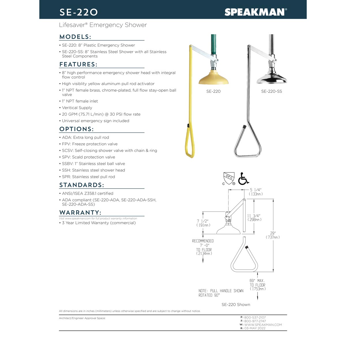 Speakman SE 220 SS Safety Shower - Stainless Steel Emergency Eye Wash Station with Vertical Overhead Supply & Stay-Open Ball Valve - Perfect for Laboratories, Factories, and Industrial Workplaces