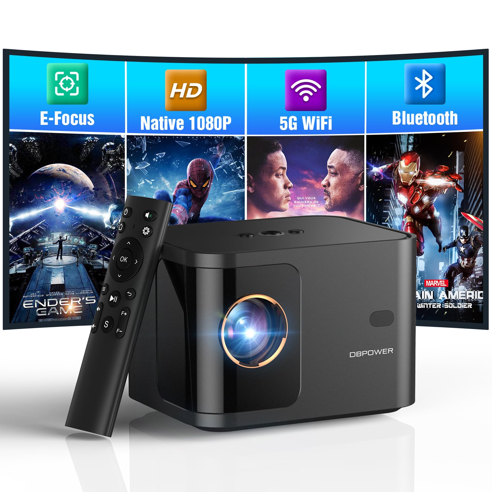 DBPOWER 5G WiFi Mini Bluetooth Projector 4K Support, 300 ANSI HD 1080P Portable Video Projector with ±40° Vertical Keystone, Zoom & Timer - Smartphone Compatible Outdoor Movie Projector for Home Theater, Camping, Backyard Entertainment (Black)