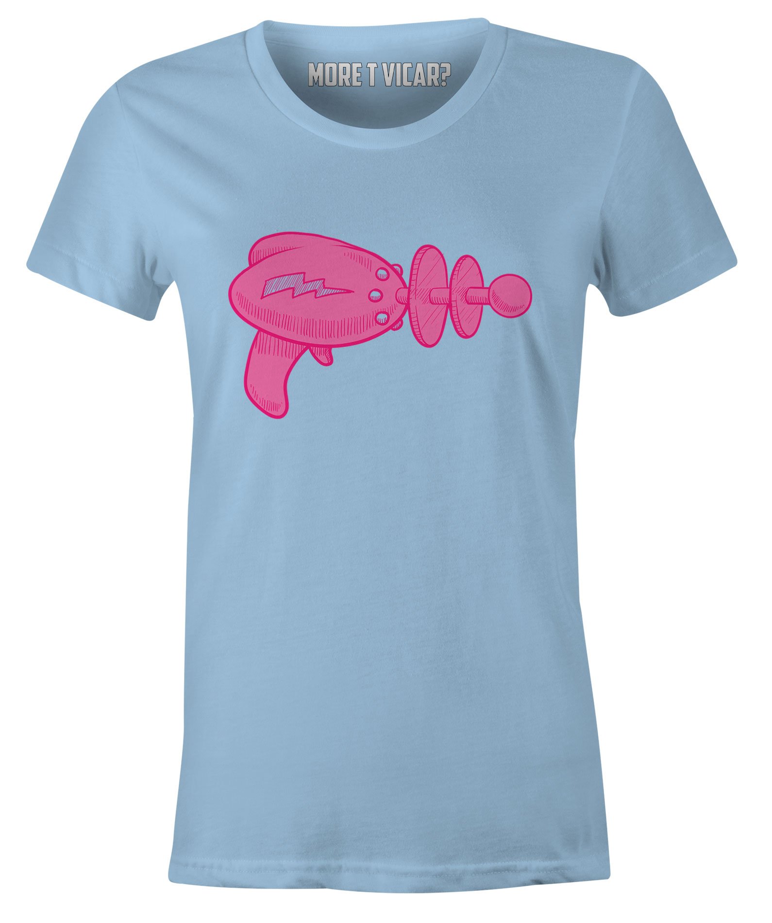 Retro Space Gun T-Shirt for Women - Vintage Pink Raygun Graphic Tee - Fun Sci-Fi Fashion for Cosplay, Comic Con & Casual Wear