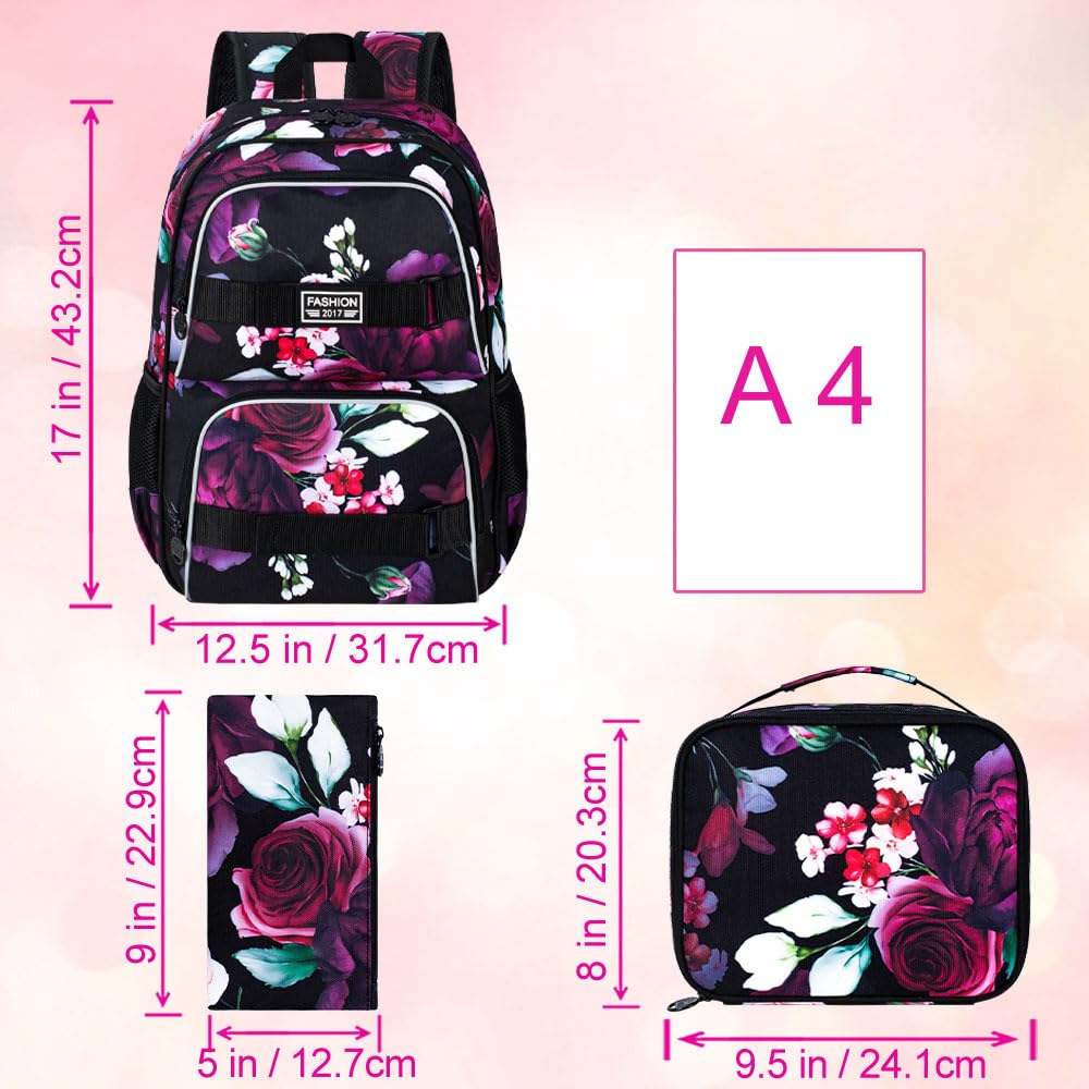 17 Inch Waterproof Laptop Backpack for Women & Girls - 3 Piece Set with Rose Design School Backpack, Lunch Bag & Bookbag - Perfect for College, High School Students & Teen Girls (Black) - Ideal for School, Travel & Daily Commute