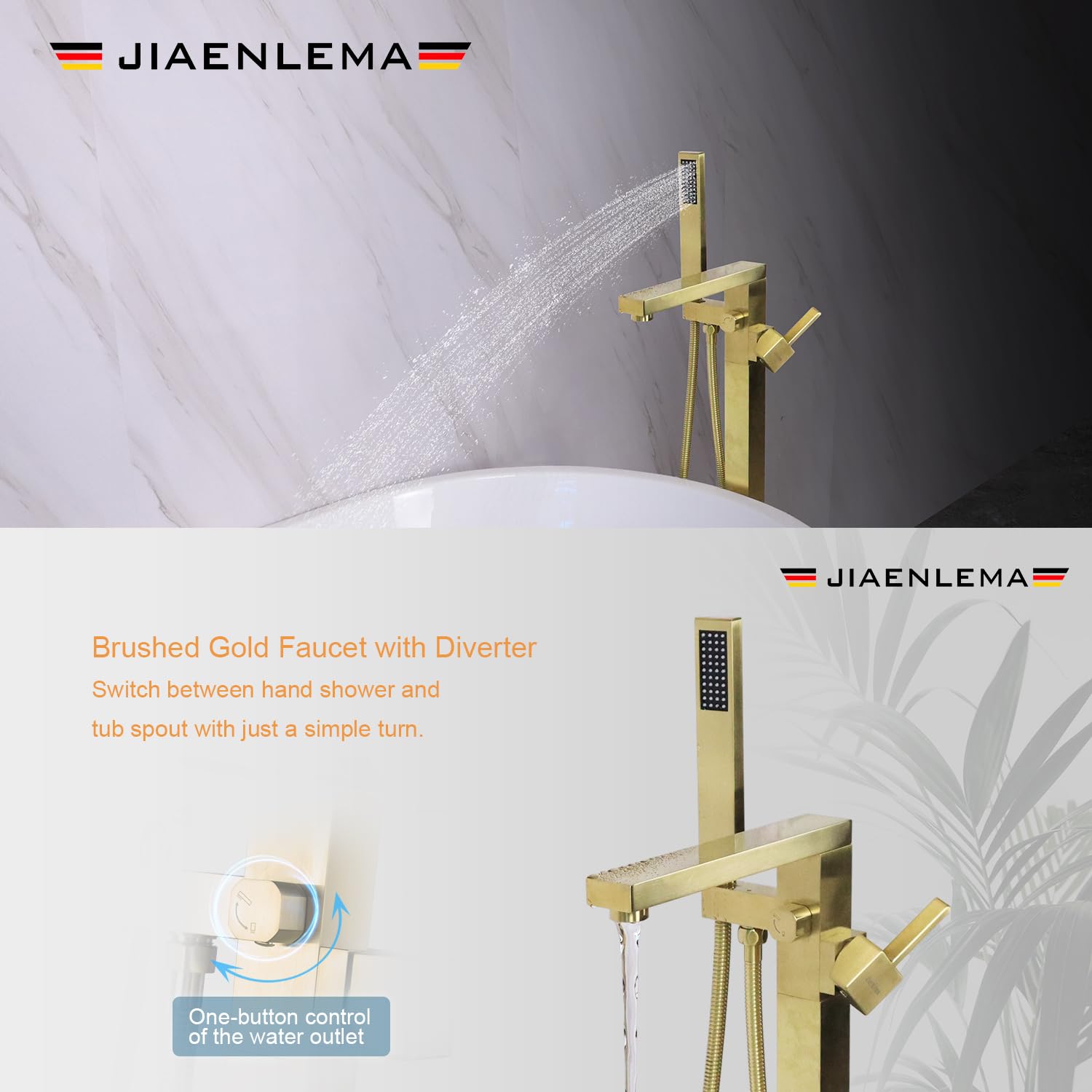 Freestanding Bathtub Faucet - Brushed Gold Floor Mount Tub Filler with Handheld Shower & Hand Sprayer - Single Handle Brass High Flow Mixer Tap for Bathroom - Perfect for Luxury Spa Experience & Modern Home Decor