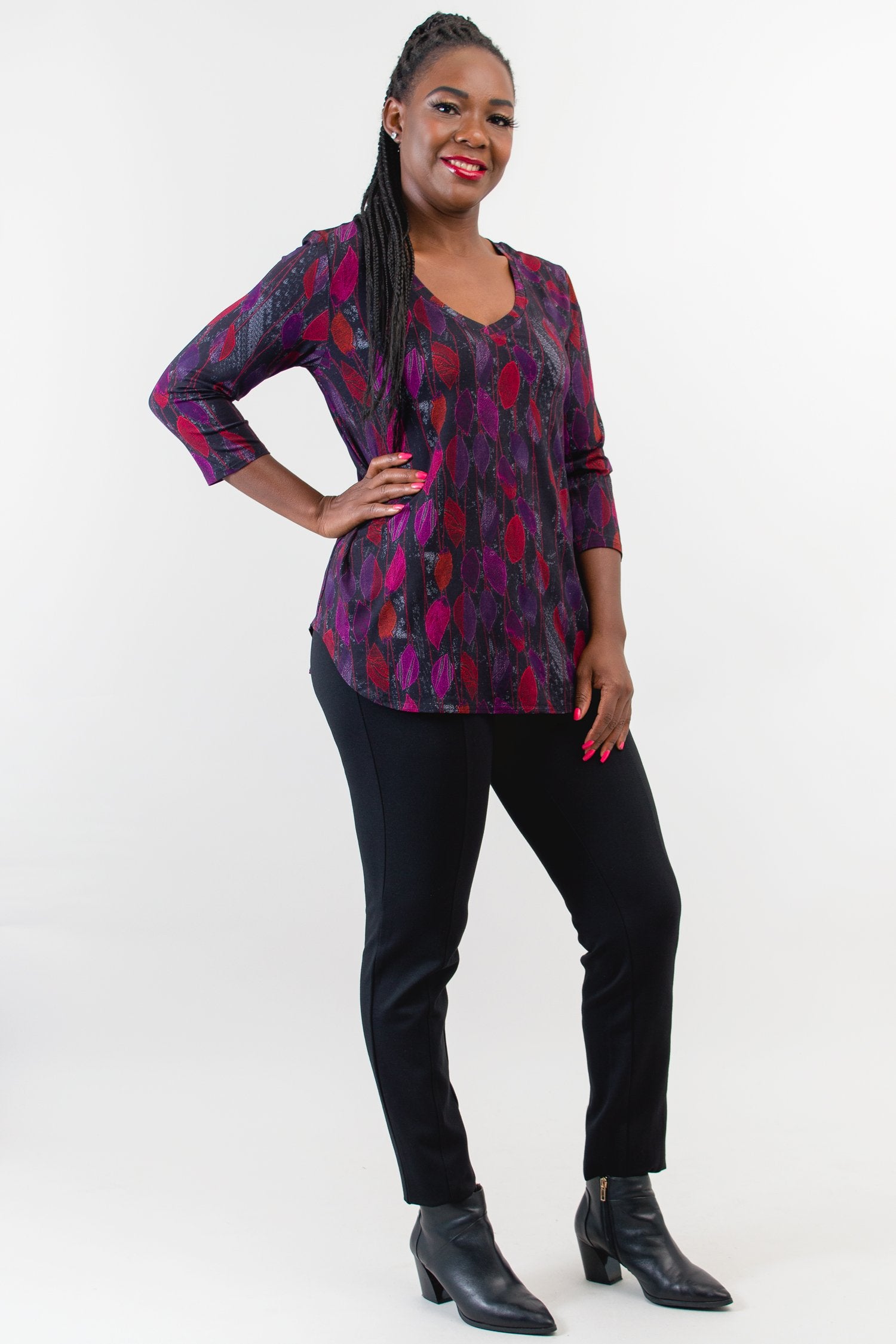 Jackie 3/4 Sleeve Women's Tops - Orchid Leaf Print Bamboo Fabric Blouse for Casual Wear & Summer Outfits | Final Sale