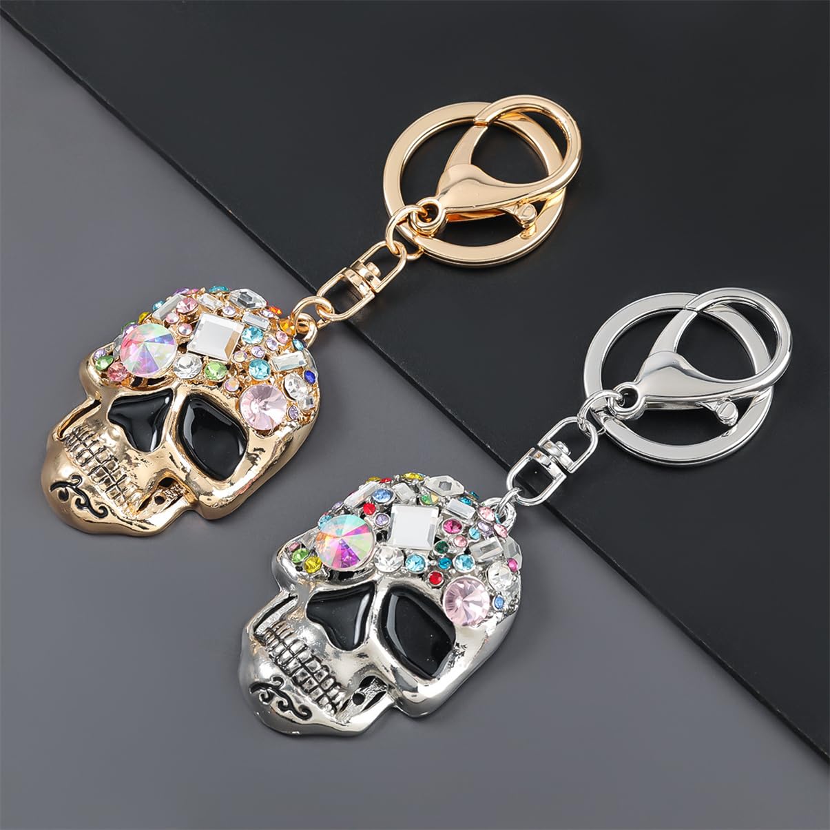 Gothic Skull Keychain with Rhinestones - Punk Style Diamond Crystal Keyring for Men & Women - Perfect for Car Keys, Backpacks, and Gothic Fashion Accessories